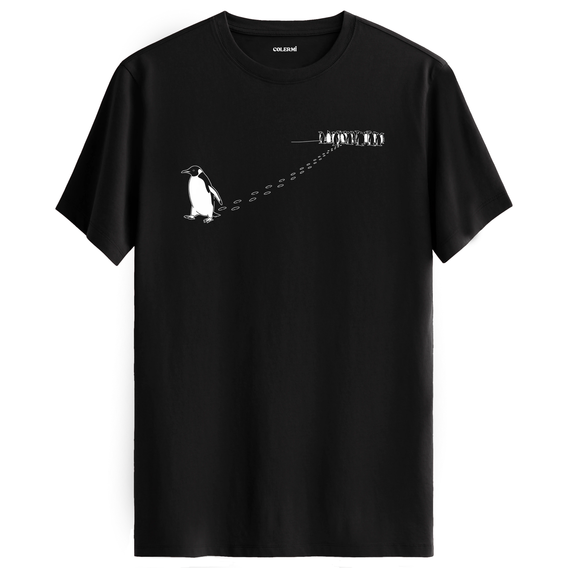 Sürüden ayrılarak farklı yöne yürüyen nihilist penguen baskılı tişört tasarımı