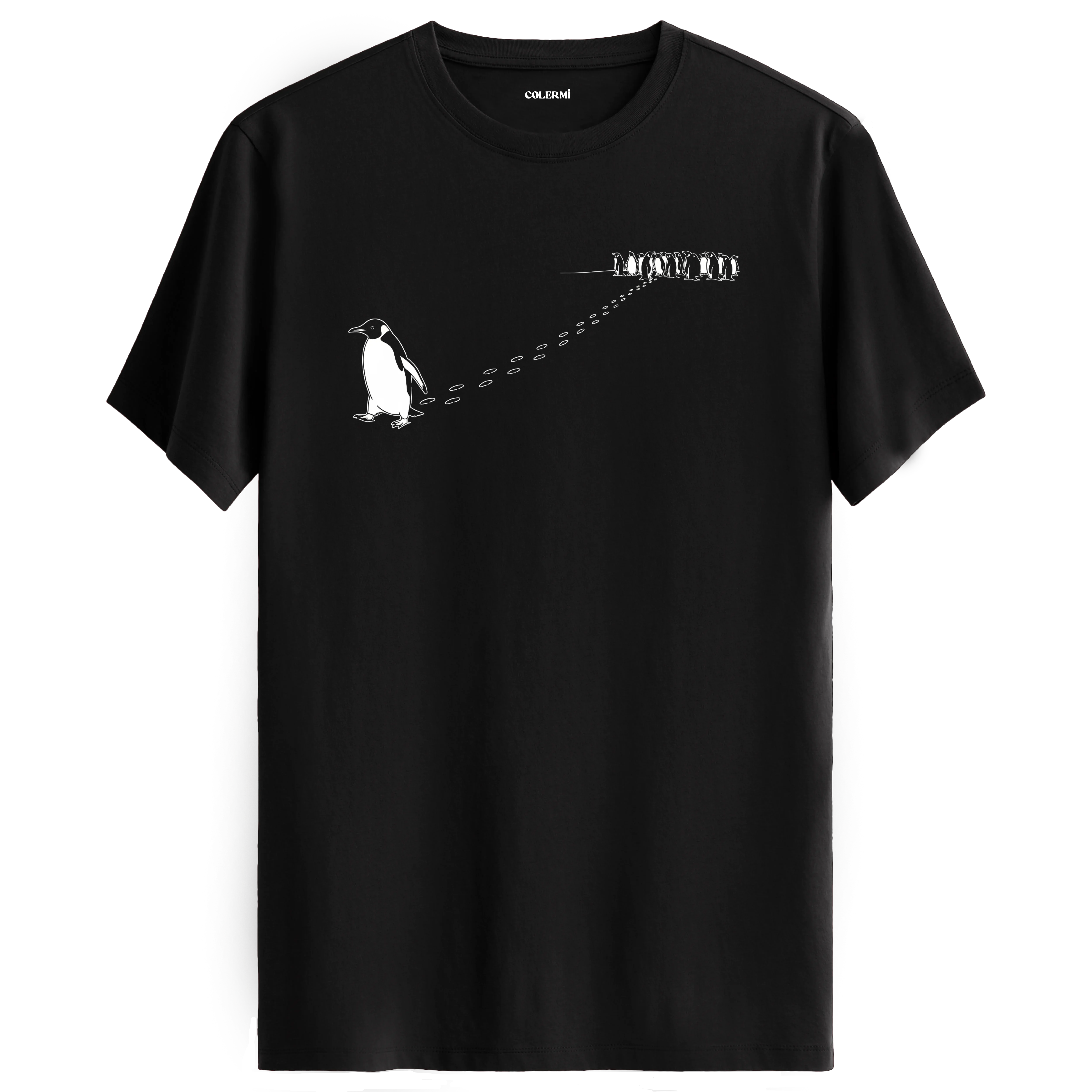 Sürüden ayrılarak farklı yöne yürüyen nihilist penguen baskılı tişört tasarımı