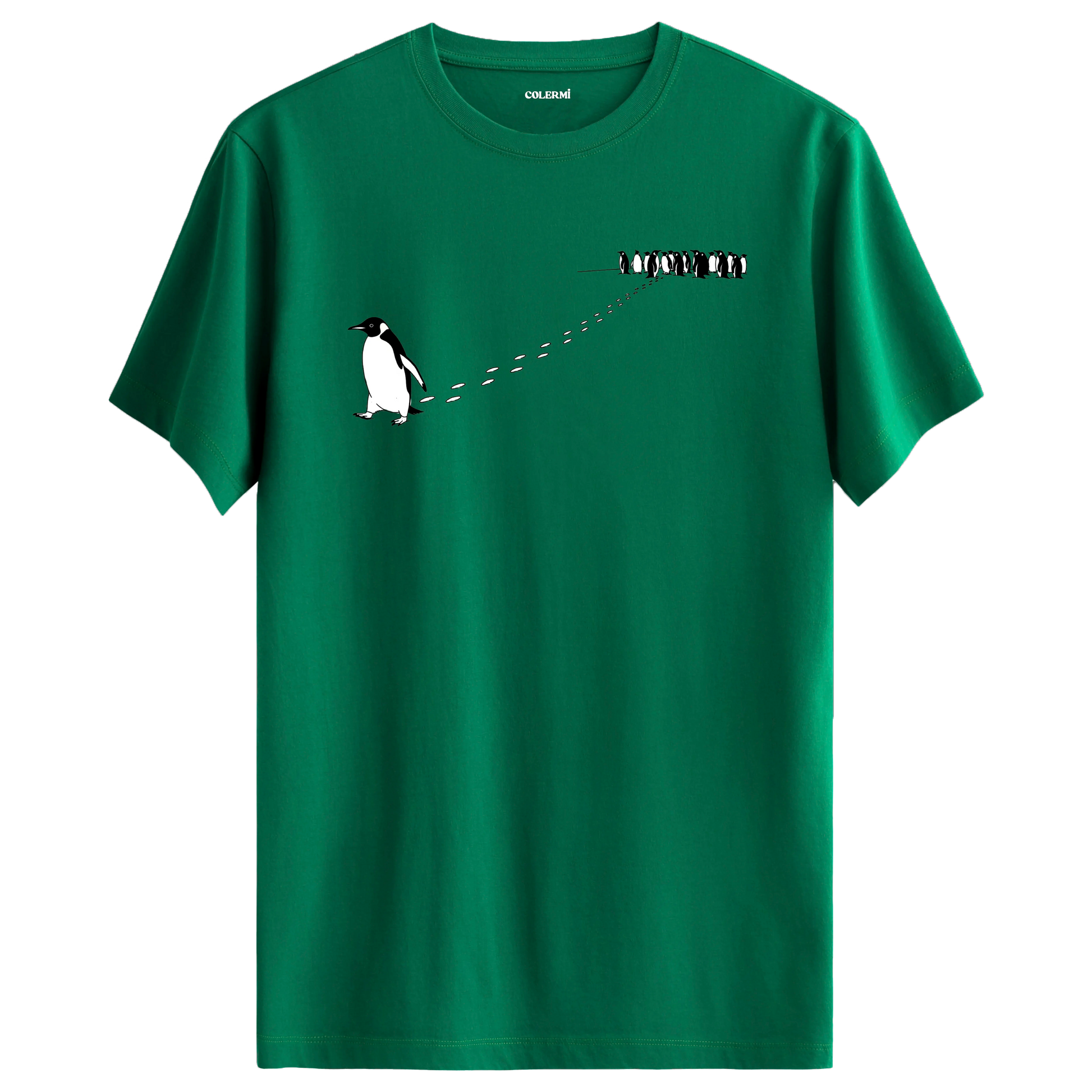 Sürüden ayrılarak farklı yöne yürüyen nihilist penguen baskılı tişört tasarımı