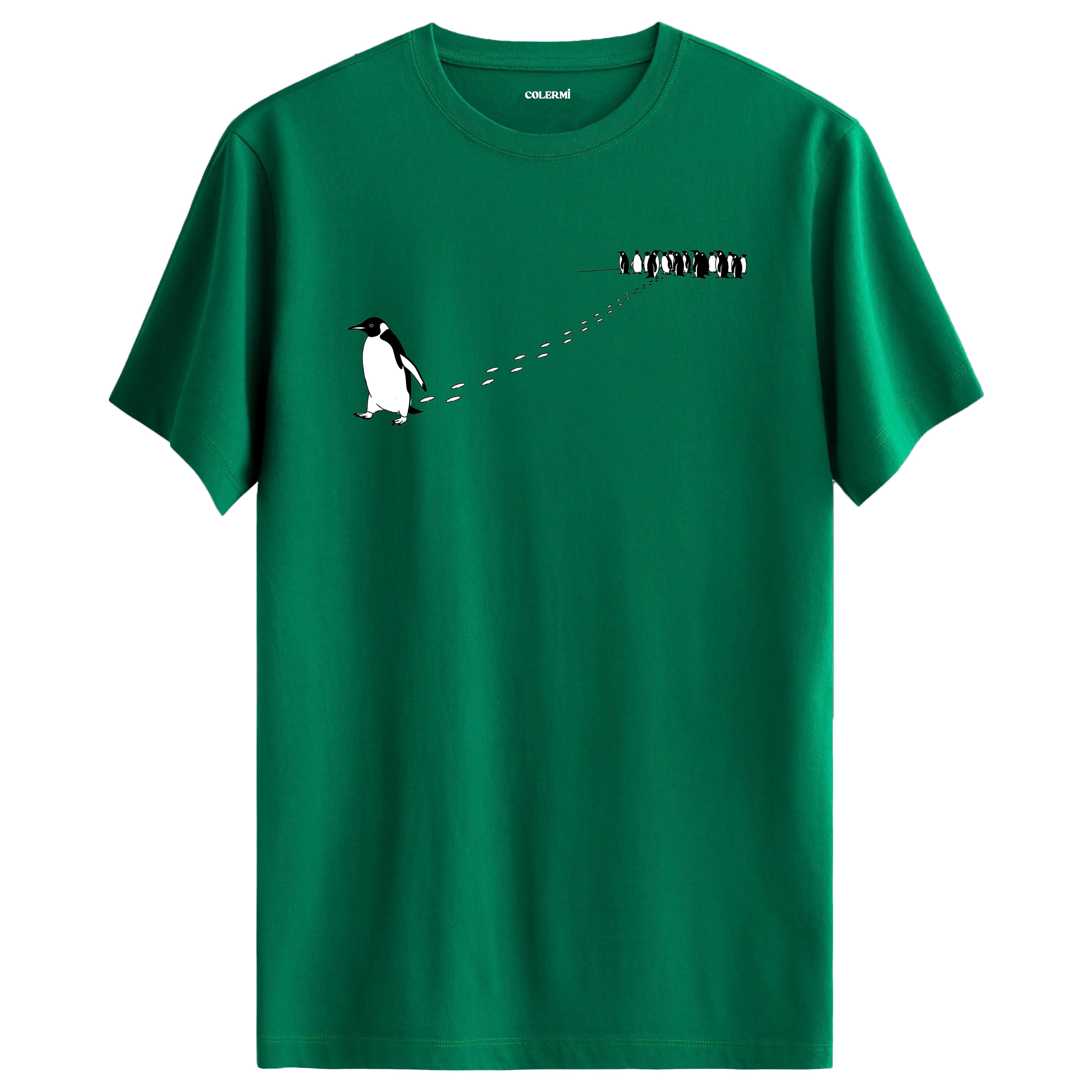 Sürüden ayrılarak farklı yöne yürüyen nihilist penguen baskılı tişört tasarımı