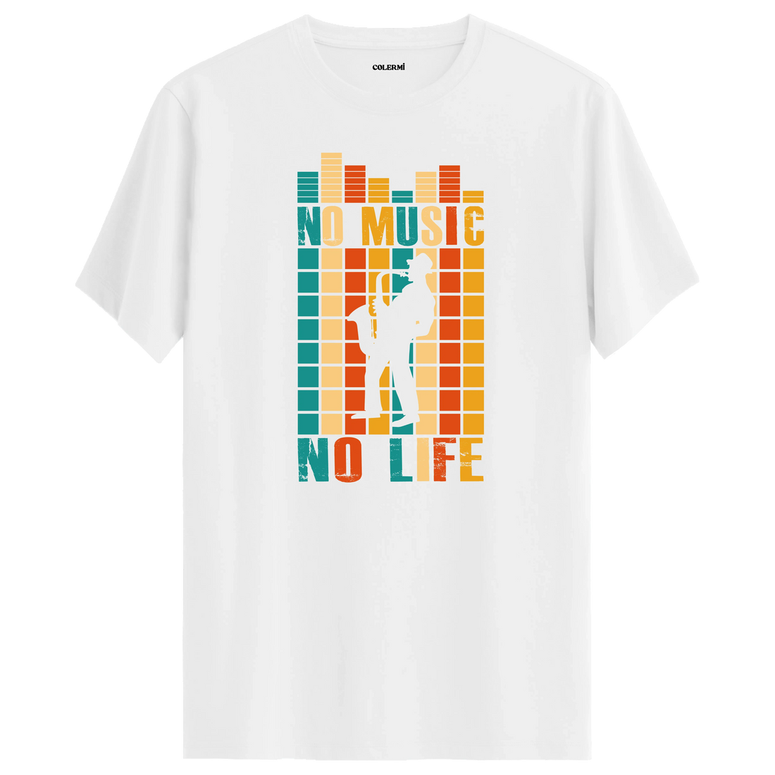 Saksafon çalan figür ve renkli equalizer desenli No Music No Life tişört tasarımı