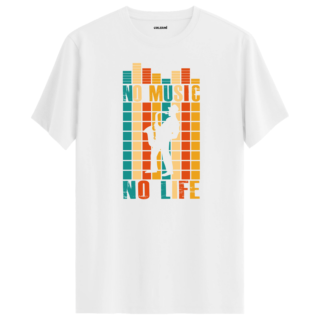Saksafon çalan figür ve renkli equalizer desenli No Music No Life tişört tasarımı