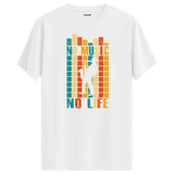Saksafon çalan figür ve renkli equalizer desenli No Music No Life tişört tasarımı