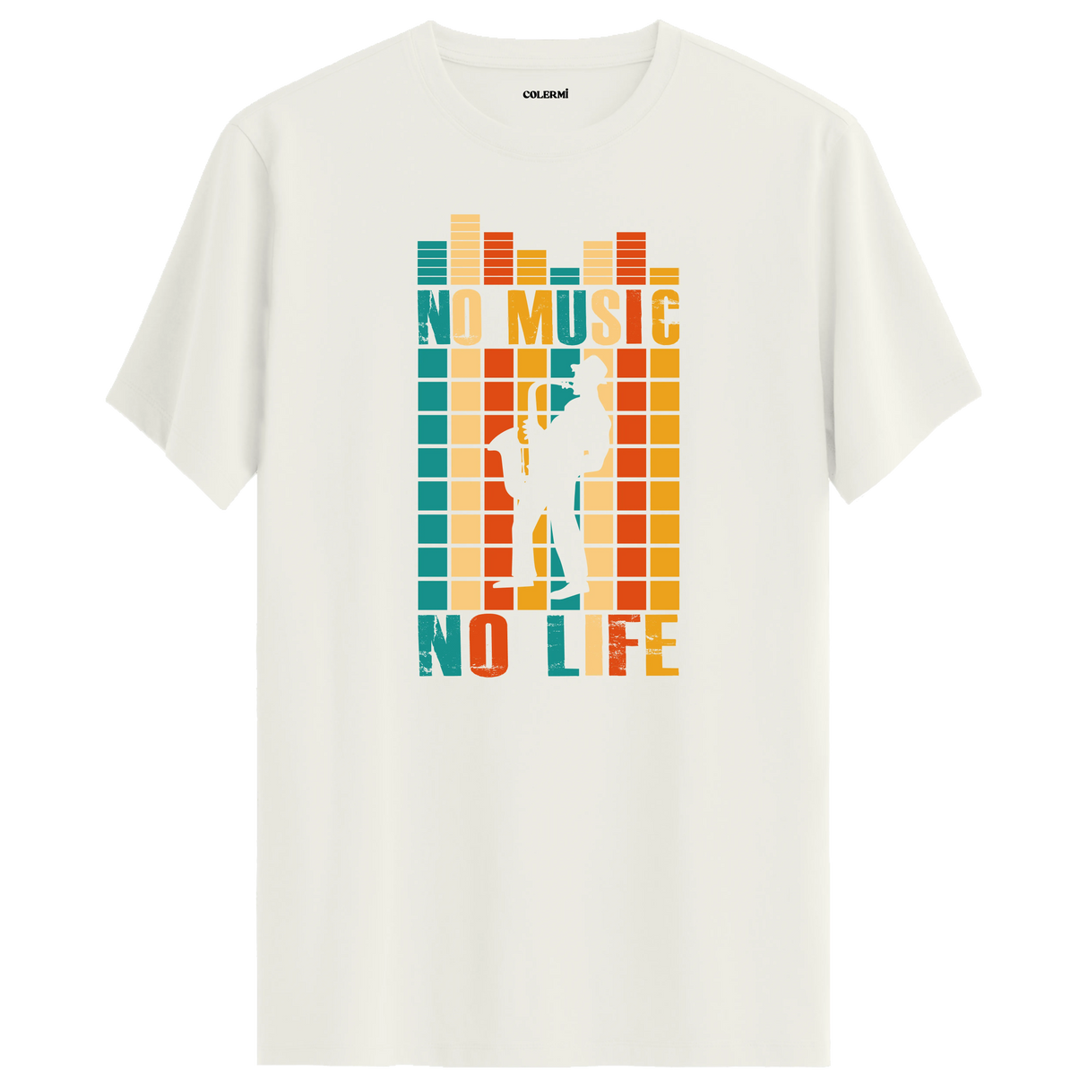Saksafon çalan figür ve renkli equalizer desenli No Music No Life tişört tasarımı