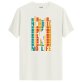 Saksafon çalan figür ve renkli equalizer desenli No Music No Life tişört tasarımı