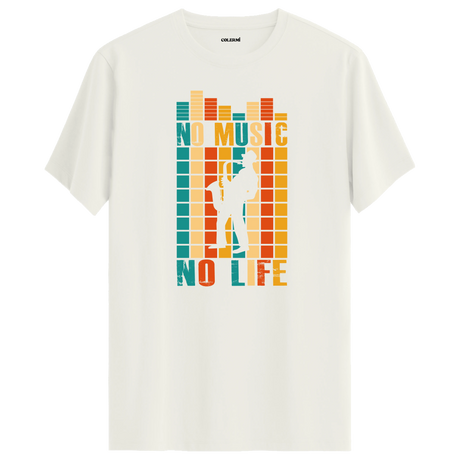 Saksafon çalan figür ve renkli equalizer desenli No Music No Life tişört tasarımı