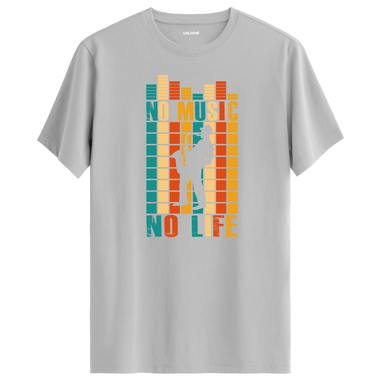 Saksafon çalan figür ve renkli equalizer desenli No Music No Life tişört tasarımı