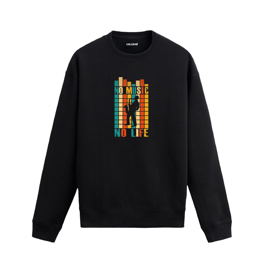Ekolayzer desenli gitar siluetli No Music No Life Colermi sweatshirt