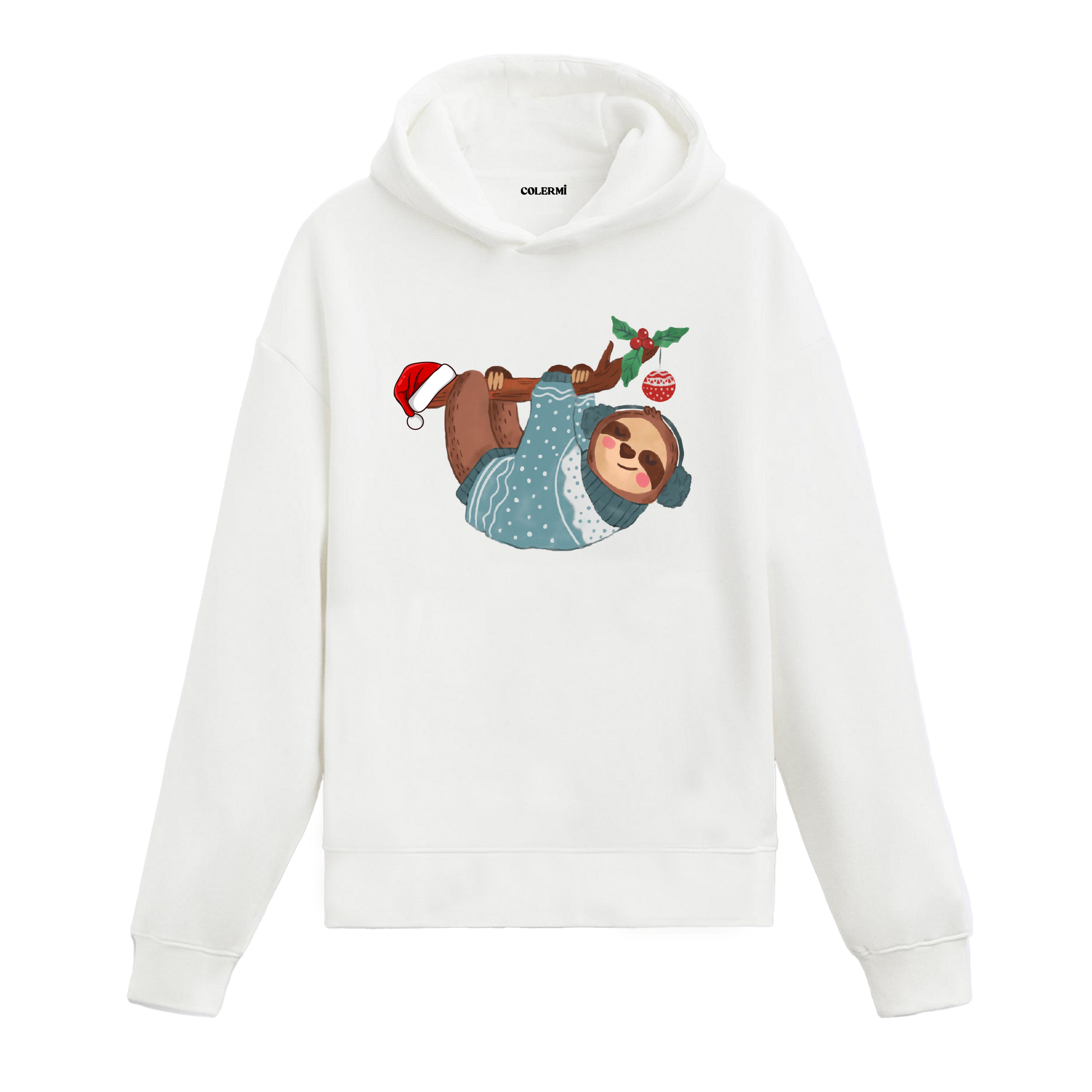 Beyaz hoodie, Noel temalı tembel hayvan baskısı, şapkalı ve süs detaylı tasarım