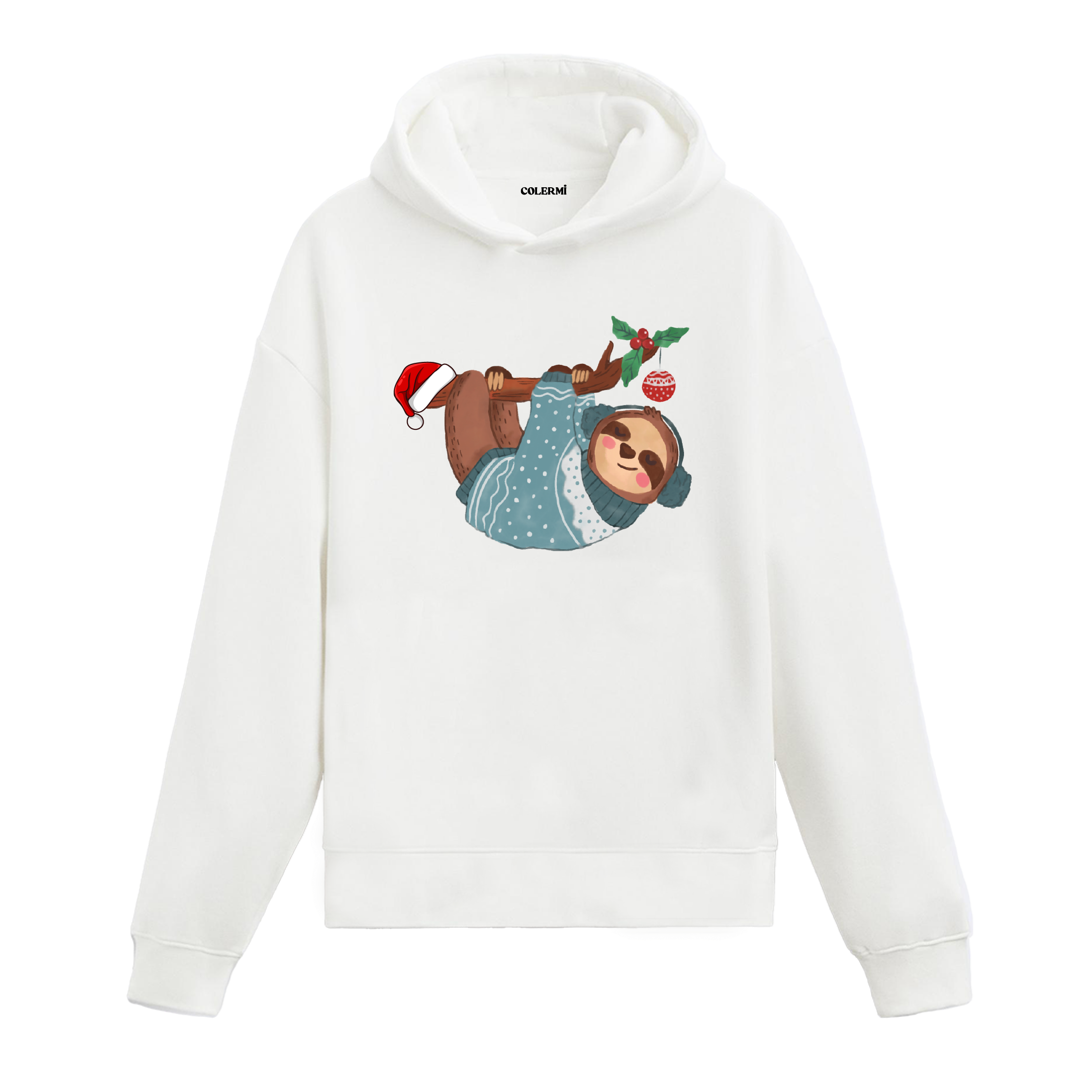 Beyaz hoodie, Noel temalı tembel hayvan baskısı, şapkalı ve süs detaylı tasarım