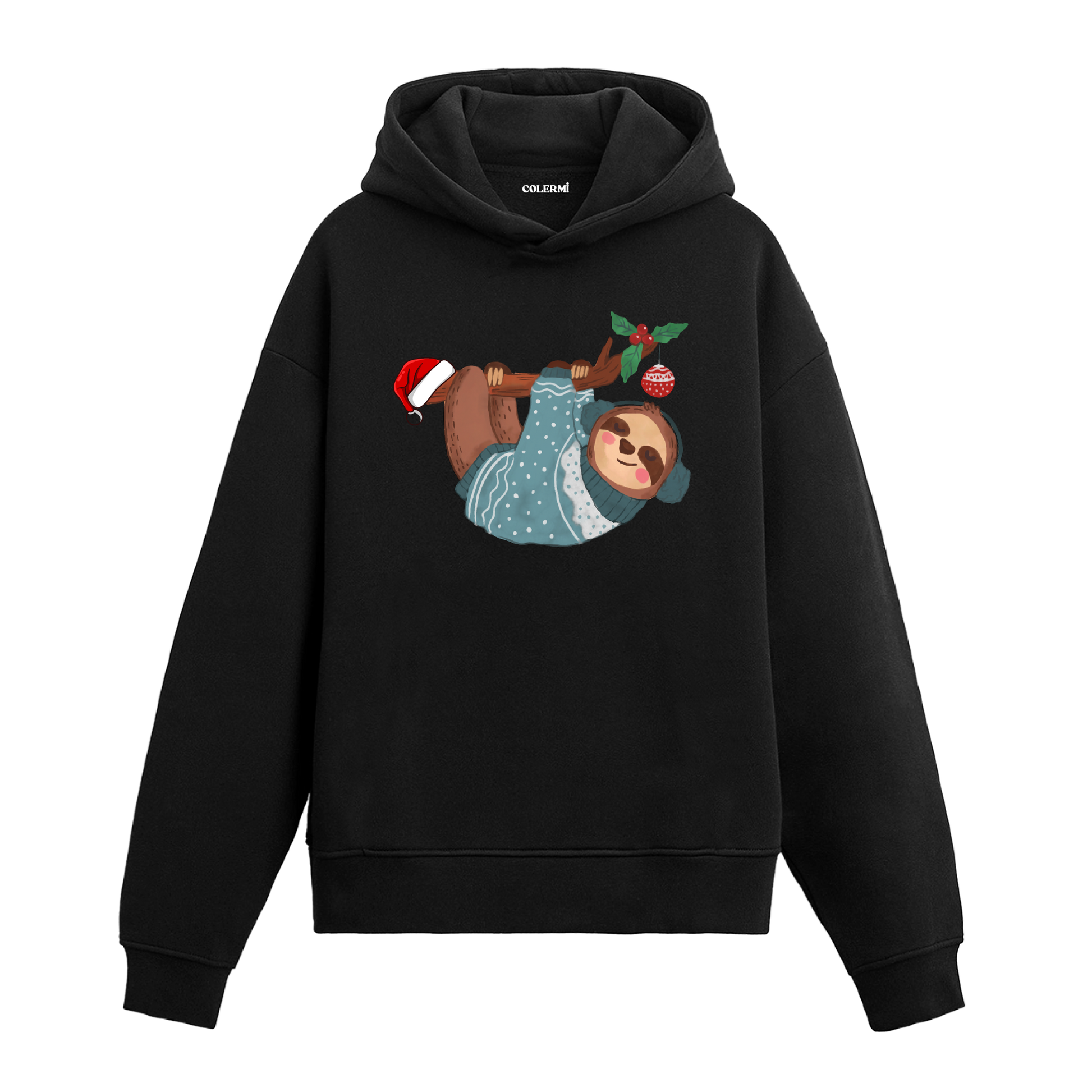 Siyah hoodie, Noel şapkalı tembel hayvan baskısı, yılbaşı temalı pamuklu unisex hoodie