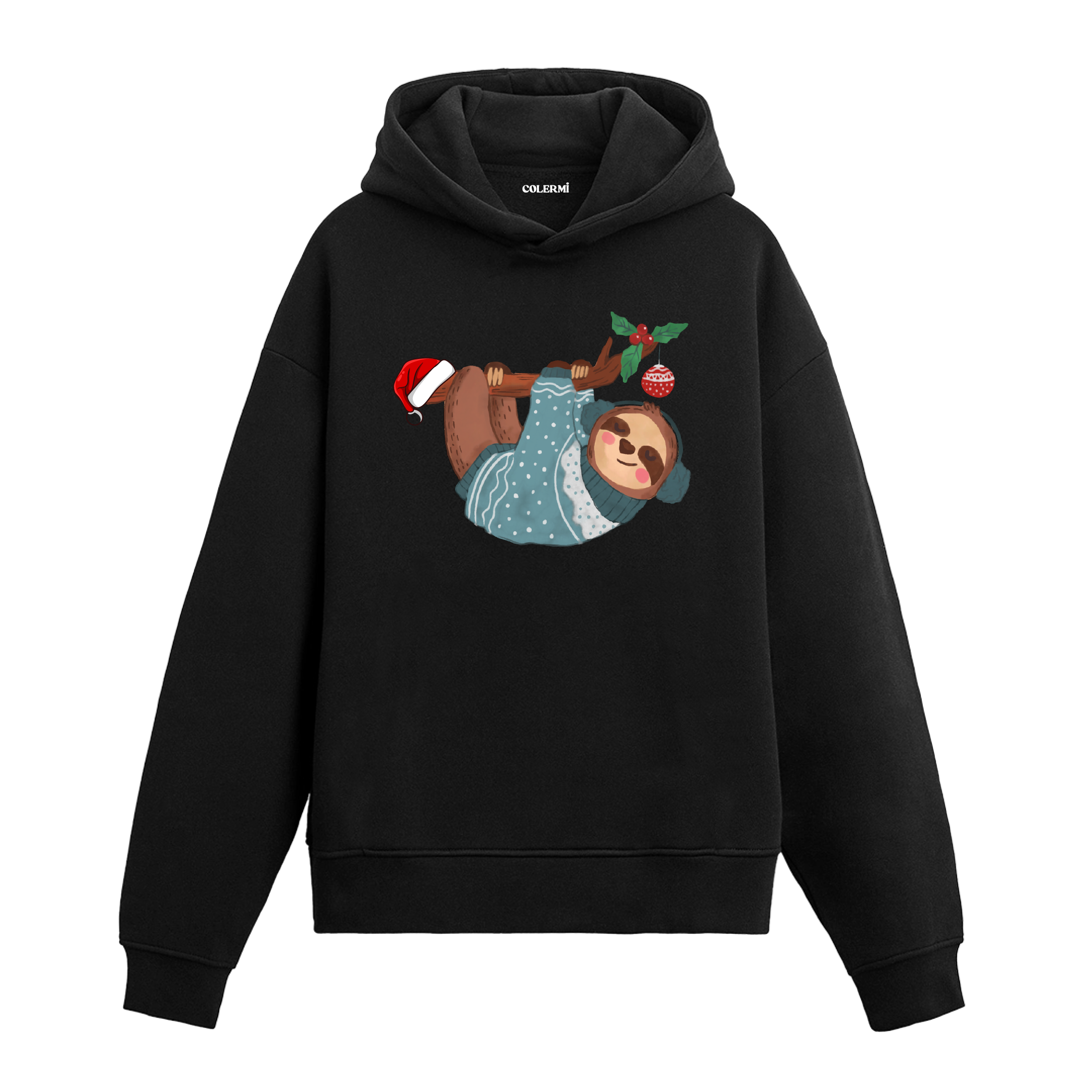 Siyah hoodie, Noel şapkalı tembel hayvan baskısı, yılbaşı temalı pamuklu unisex hoodie