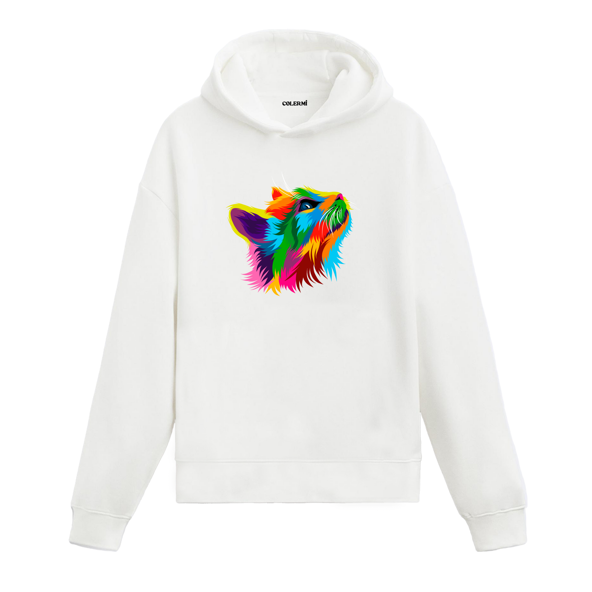 Beyaz hoodie, Nova isimli yukarı bakan kedi baskısı, sanatsal tasarım pamuklu hoodie