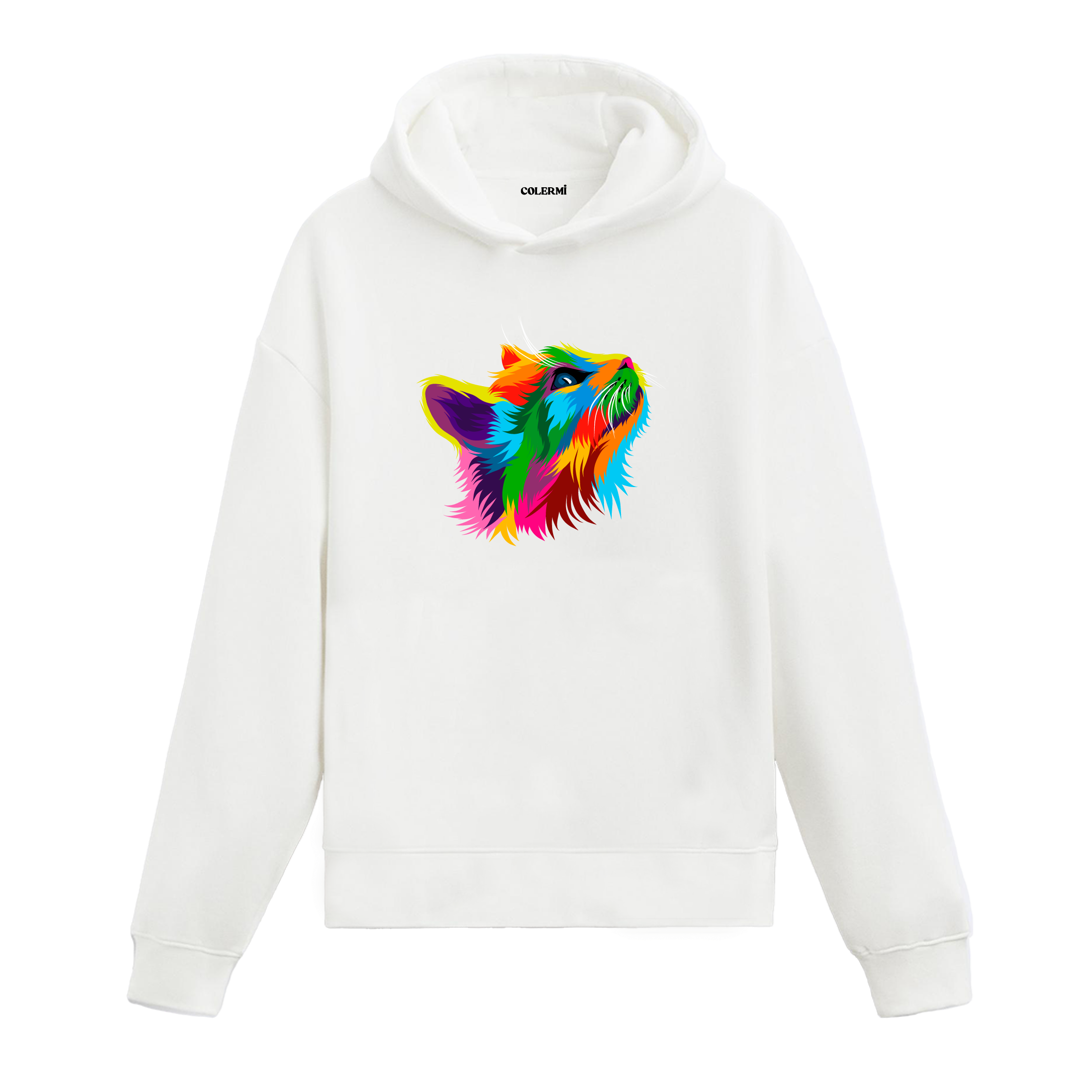 Beyaz hoodie, Nova isimli yukarı bakan kedi baskısı, sanatsal tasarım pamuklu hoodie