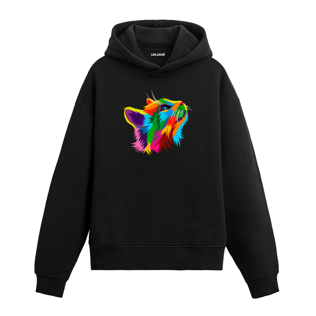 Siyah hoodie, Nova isimli yukarı bakan renkli kedi baskısı, pamuklu unisex hoodie