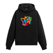 Siyah hoodie, Nova isimli yukarı bakan renkli kedi baskısı, pamuklu unisex hoodie