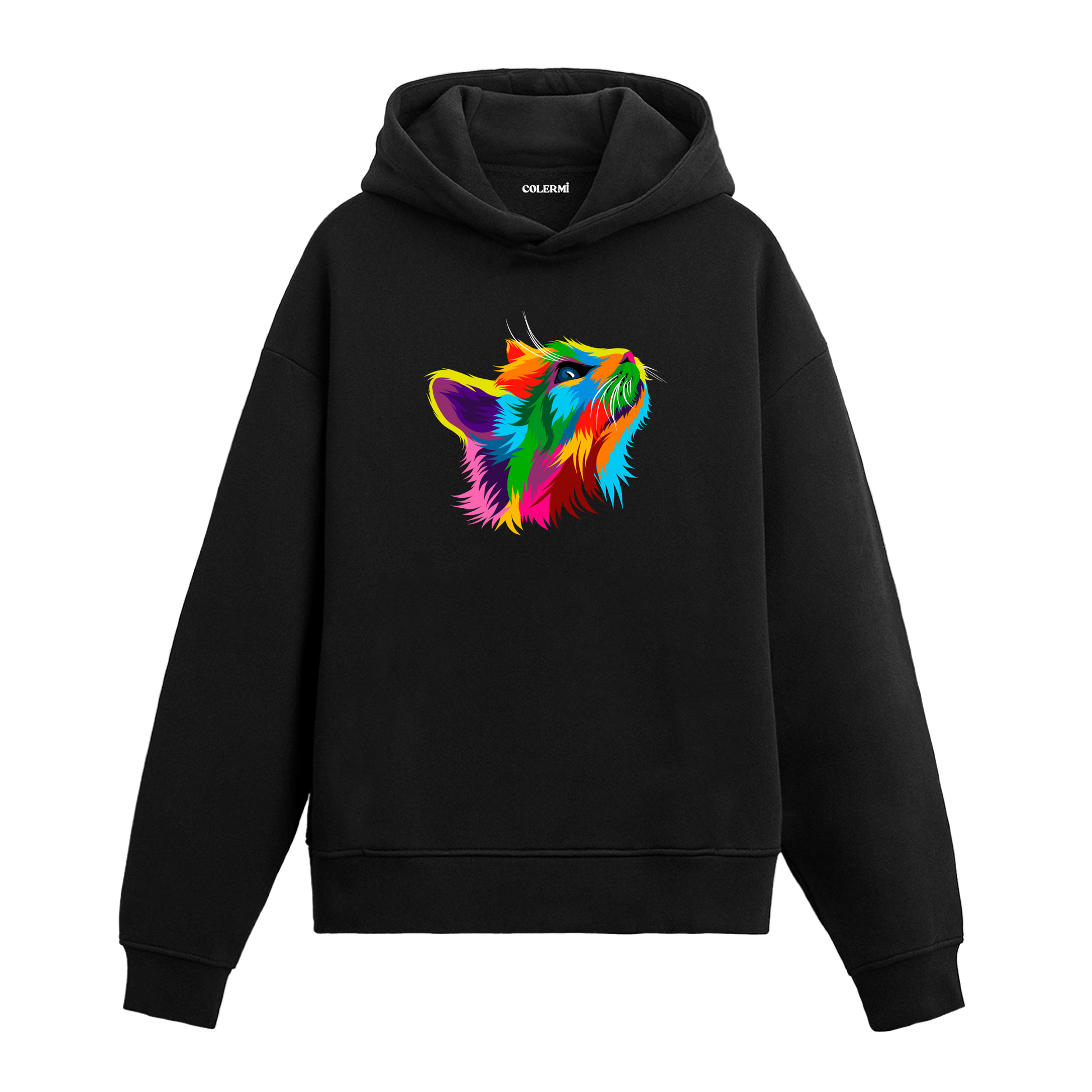 Siyah hoodie, Nova isimli yukarı bakan renkli kedi baskısı, pamuklu unisex hoodie