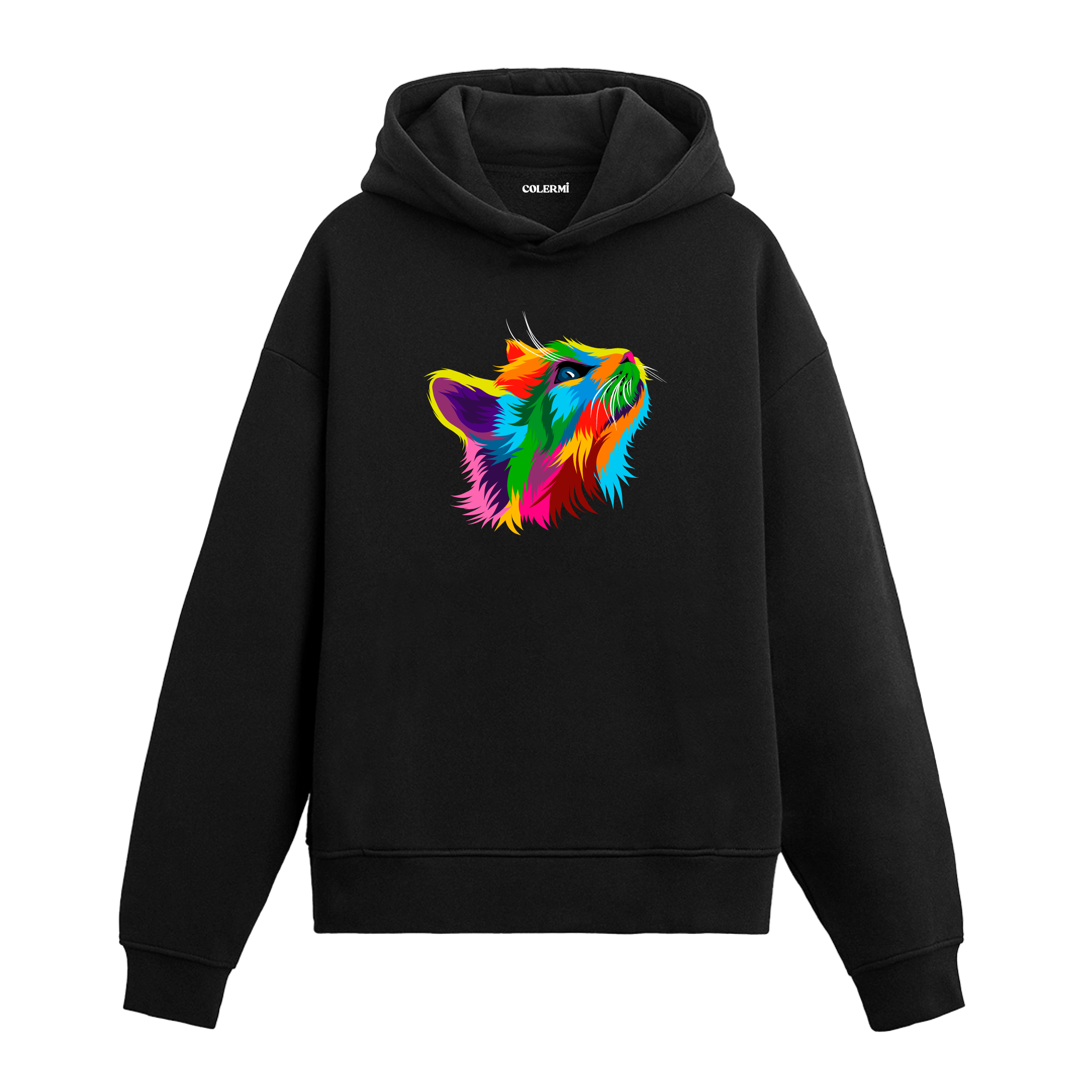 Siyah hoodie, Nova isimli yukarı bakan renkli kedi baskısı, pamuklu unisex hoodie