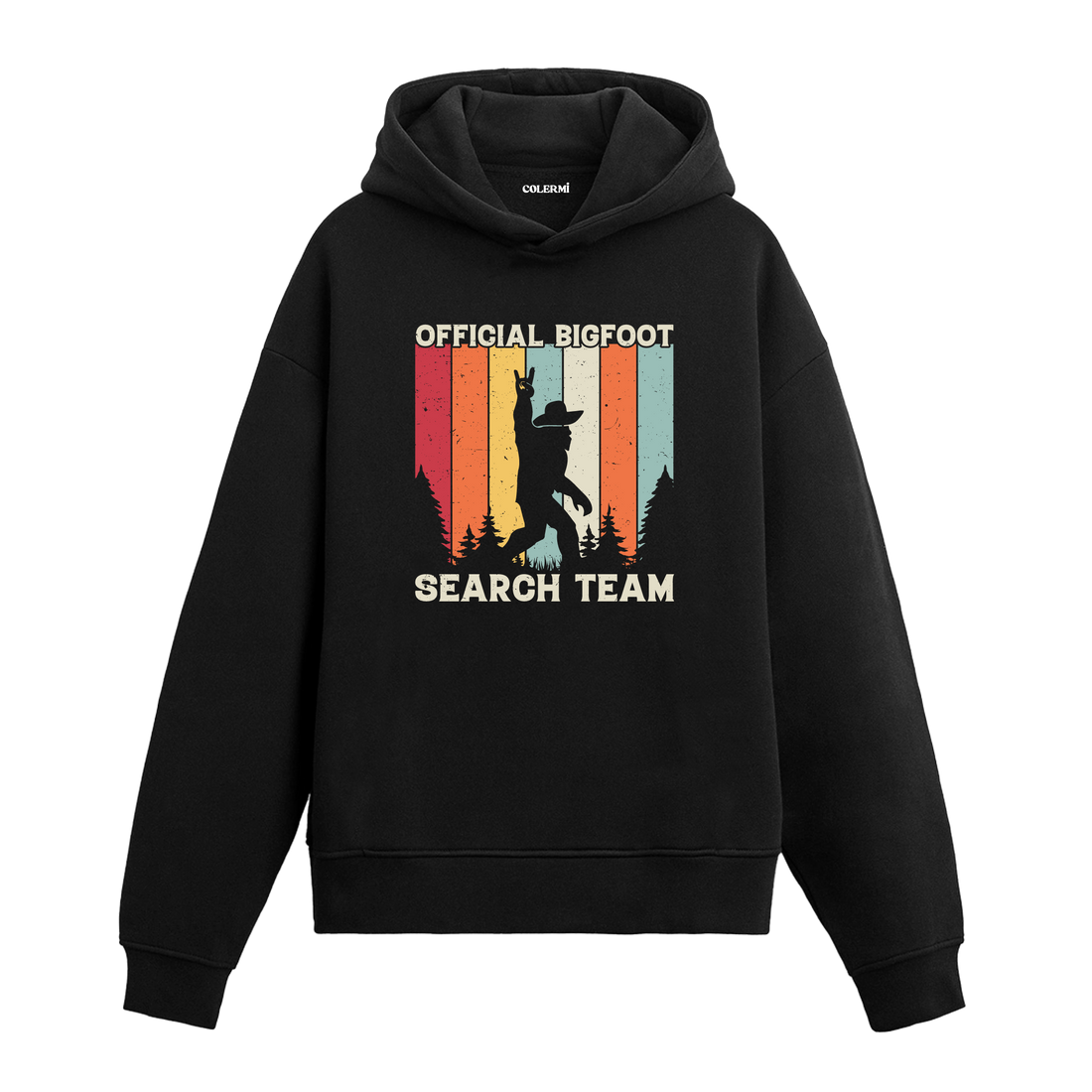 Official Bigfoot Search Team yazılı siyah hoodie – orman ve Bigfoot figürlü retro tasarım