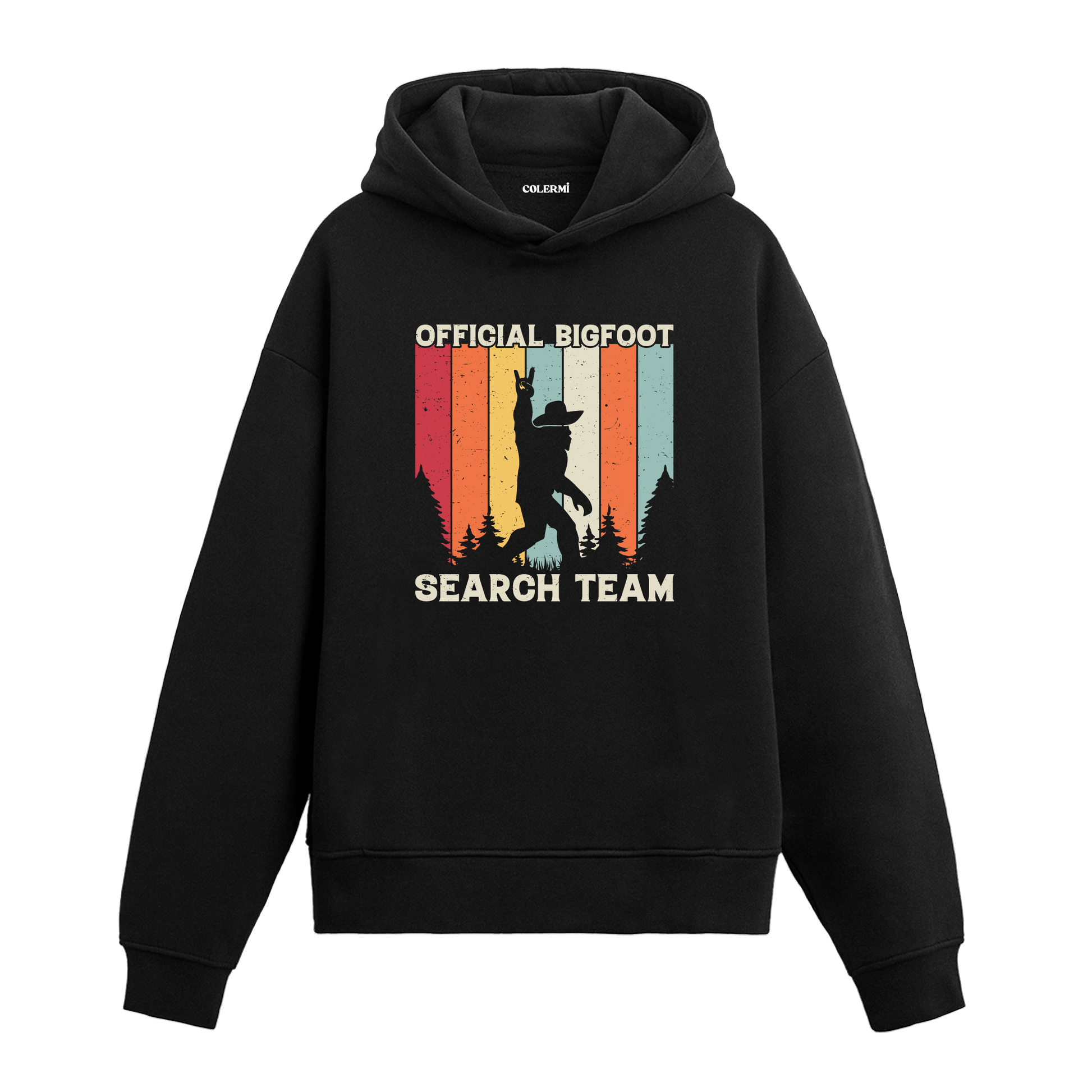 Official Bigfoot Search Team yazılı siyah hoodie – orman ve Bigfoot figürlü retro tasarım