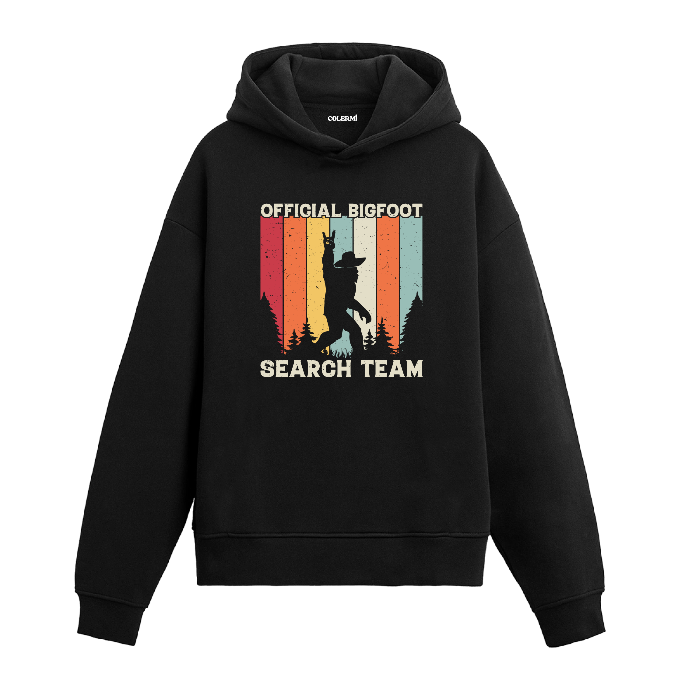 Official Bigfoot Search Team yazılı siyah hoodie – orman ve Bigfoot figürlü retro tasarım