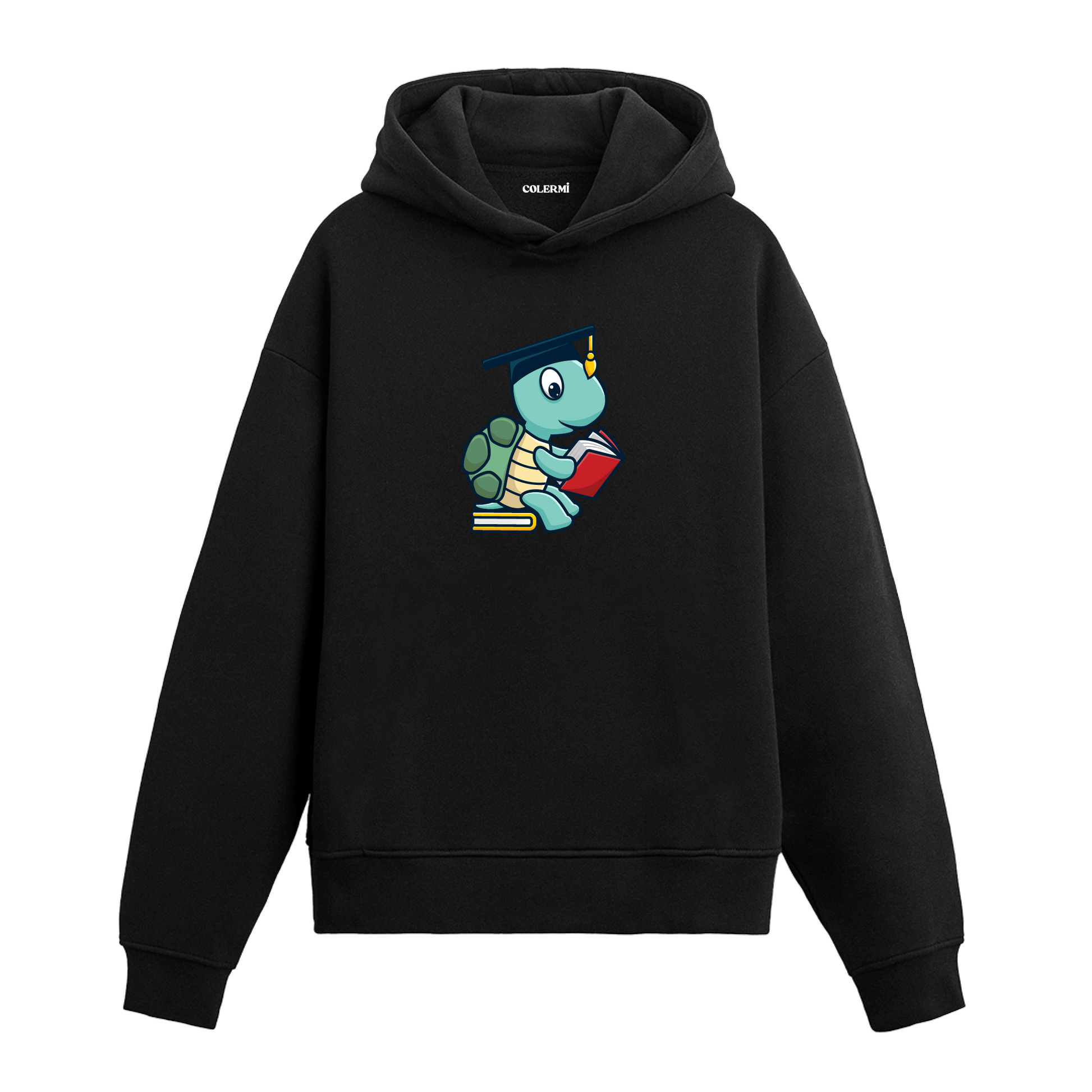 Kitap okuyan kaplumbağa baskılı hoodie – bilge ve sevimli tasarım