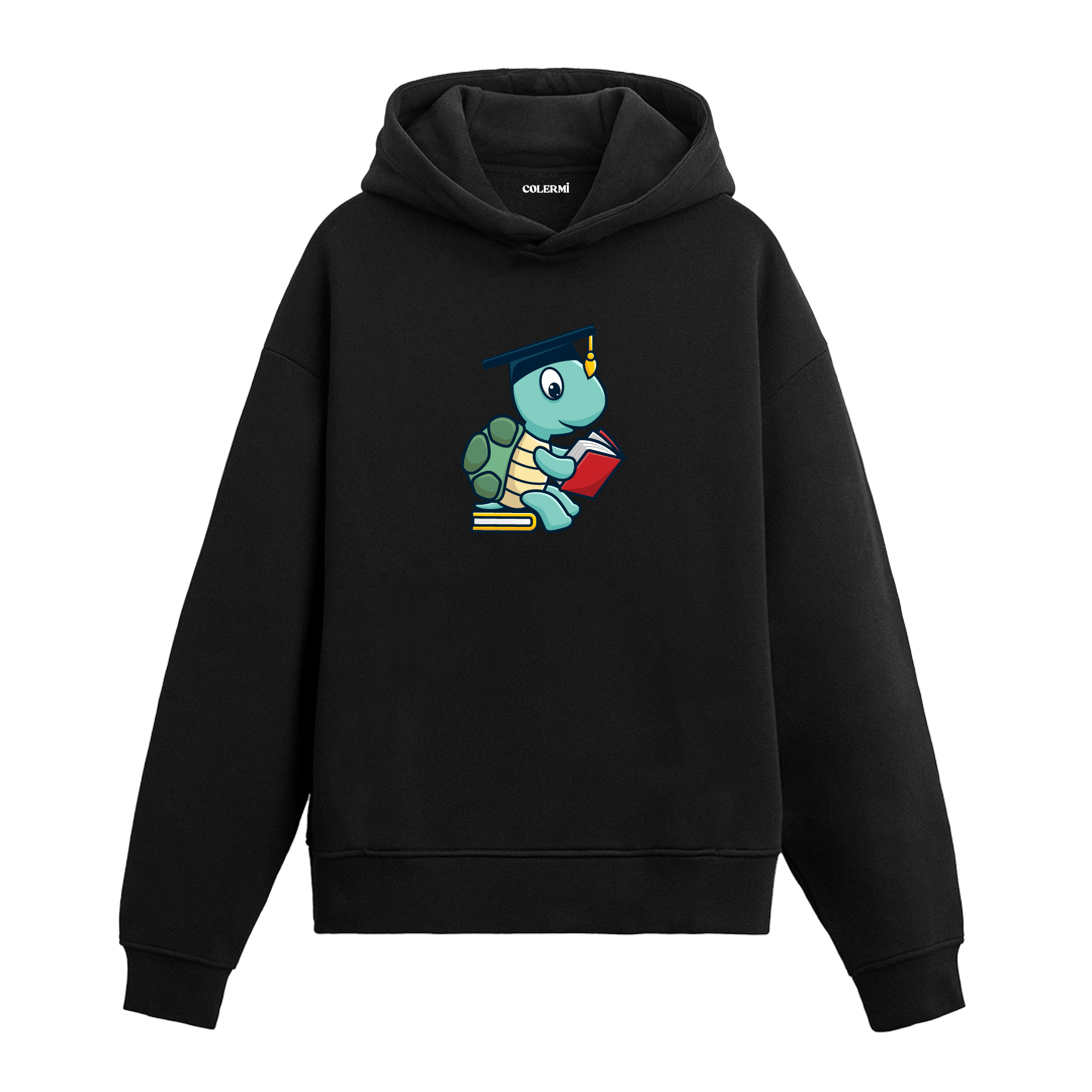 Kitap okuyan kaplumbağa baskılı hoodie – bilge ve sevimli tasarım