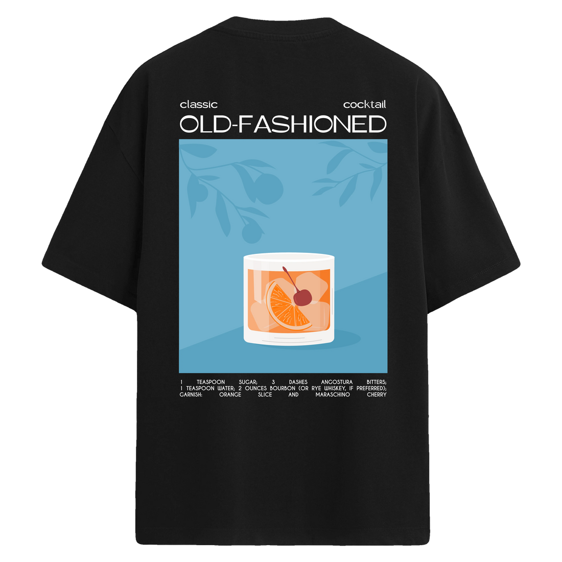Old-Fashioned kokteyl grafik illüstrasyonlu, sırt baskılı siyah oversize tişört