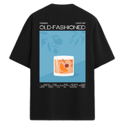 Old-Fashioned kokteyl grafik illüstrasyonlu, sırt baskılı siyah oversize tişört