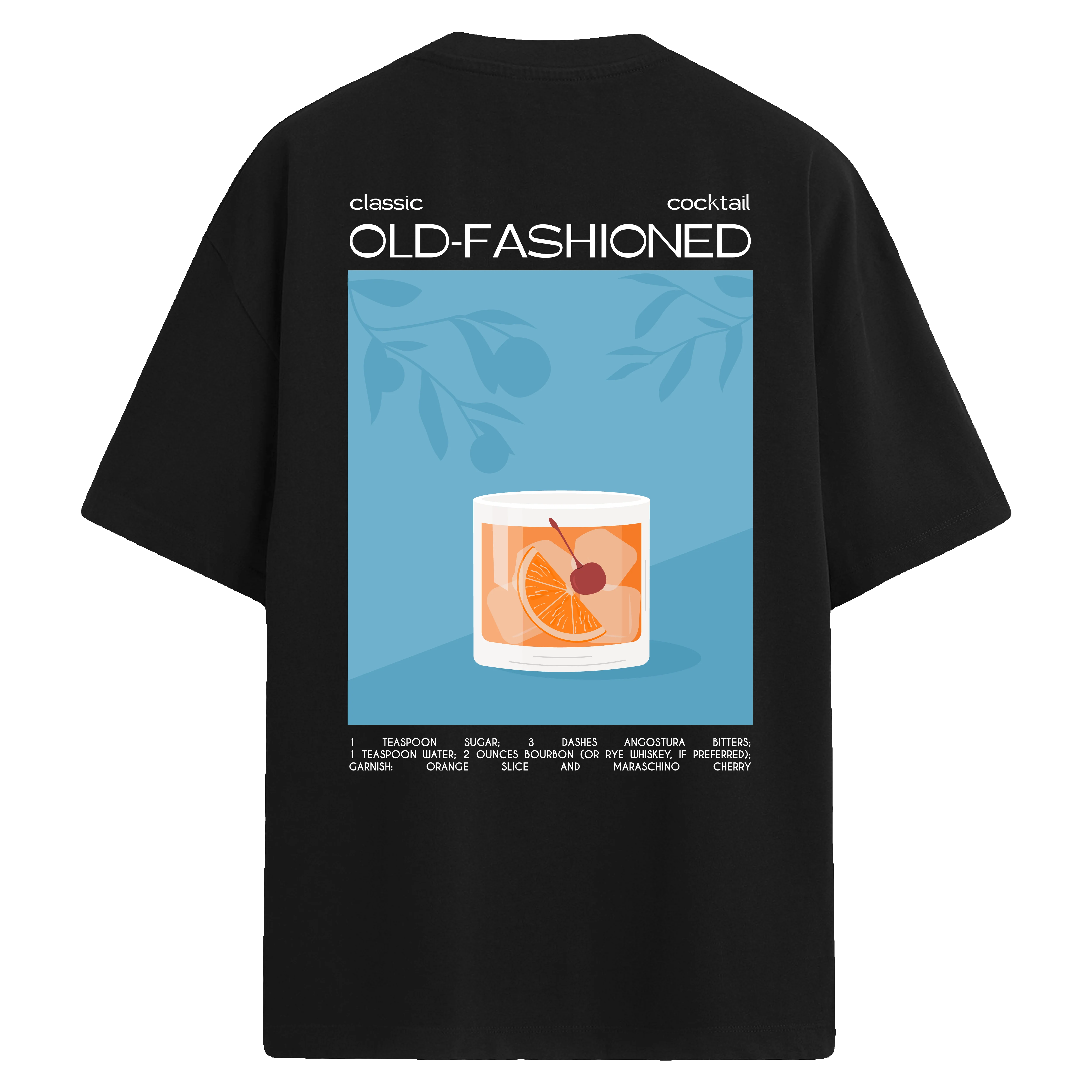 Old-Fashioned kokteyl grafik illüstrasyonlu, sırt baskılı siyah oversize tişört