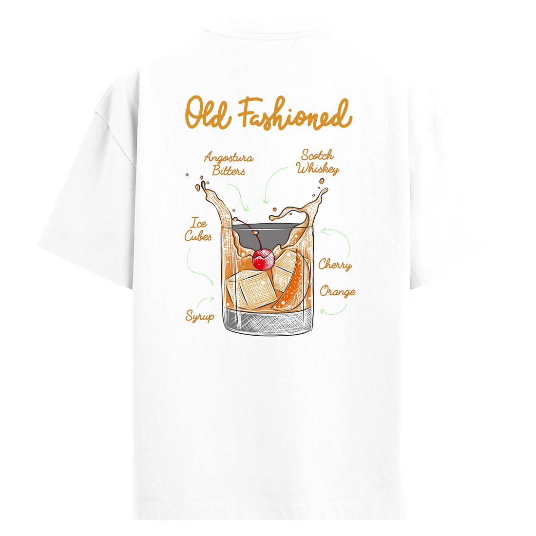 Old Fashioned kokteyl baskılı, içerik tarifli sırt detaylı oversize tişört