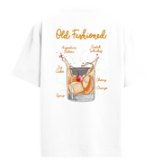 Old Fashioned kokteyl baskılı, içerik tarifli sırt detaylı oversize tişört