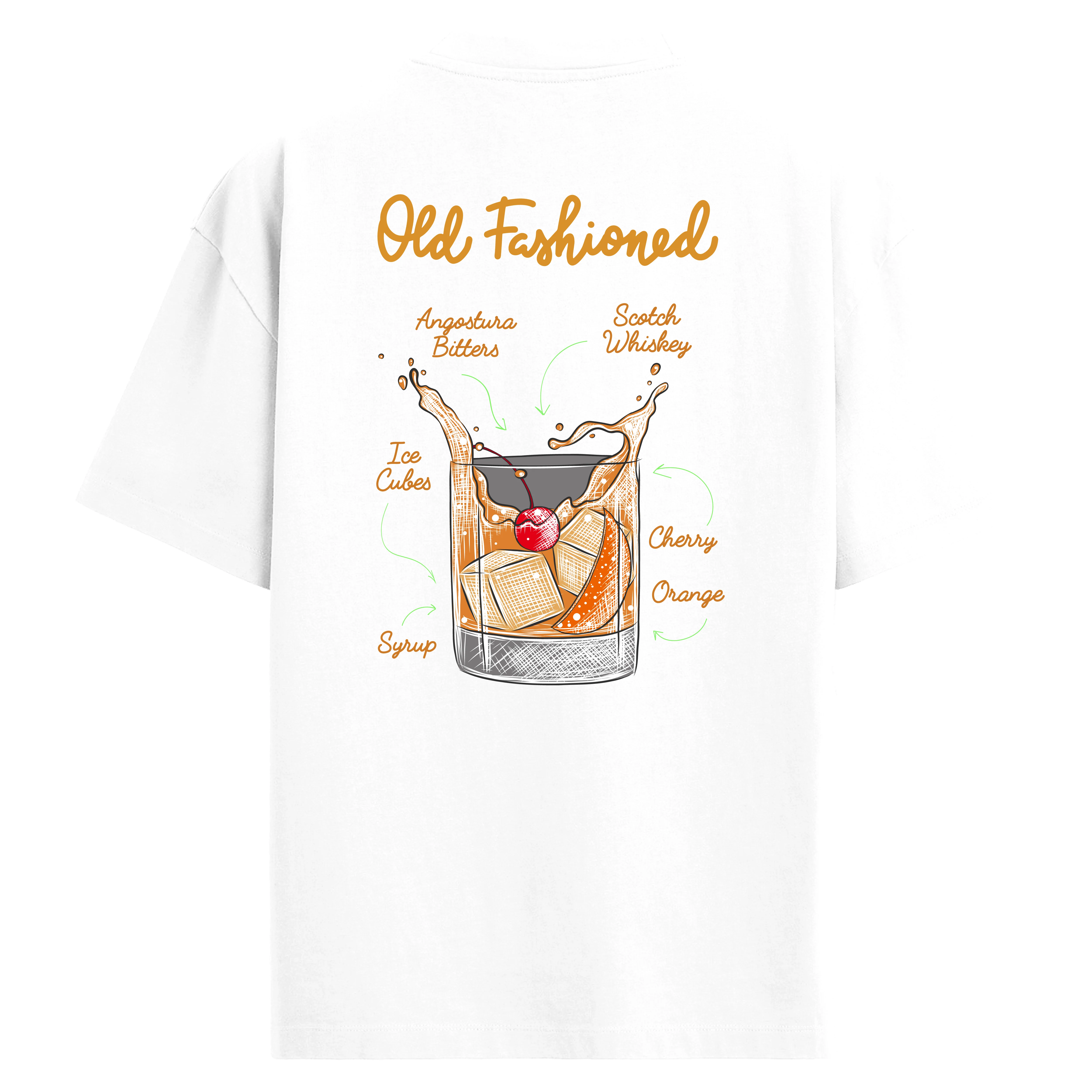 Old Fashioned kokteyl baskılı, içerik tarifli sırt detaylı oversize tişört