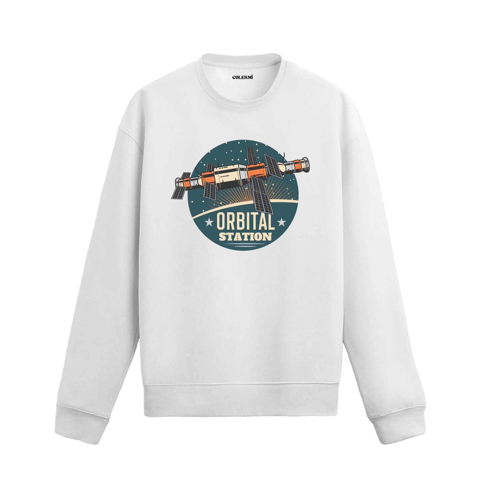 Orbital Station temalı, retro uzay istasyonu tasarımlı beyaz sweatshirt.