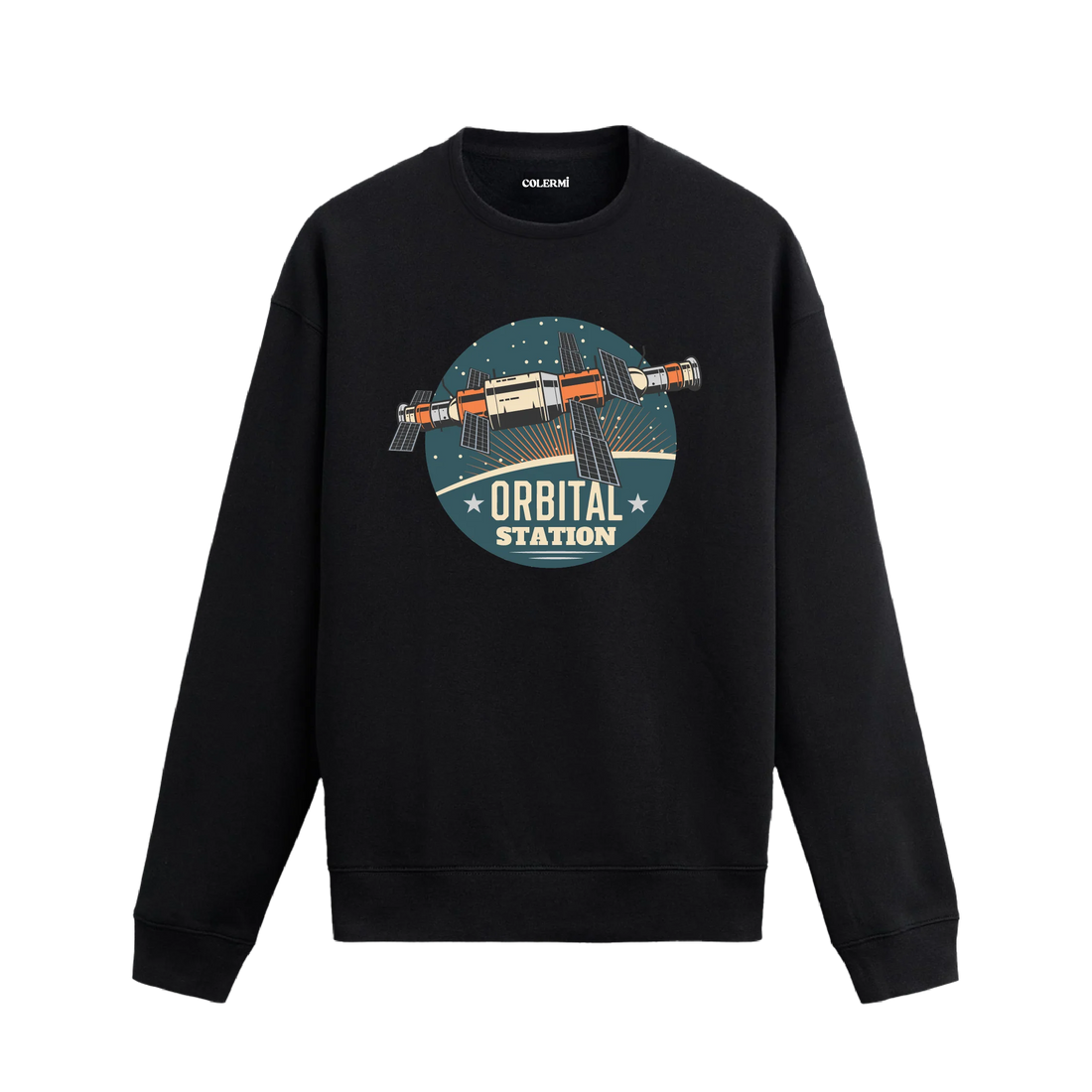 Orbital Station temalı, retro uzay istasyonu tasarımlı siyah sweatshirt.