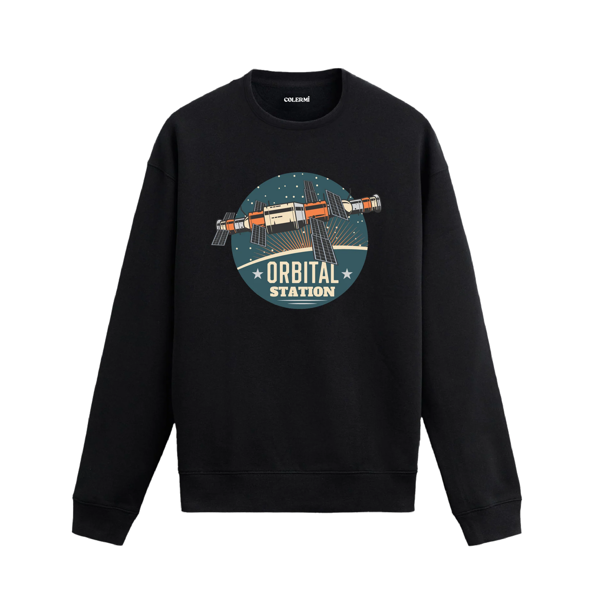 Orbital Station temalı, retro uzay istasyonu tasarımlı siyah sweatshirt.