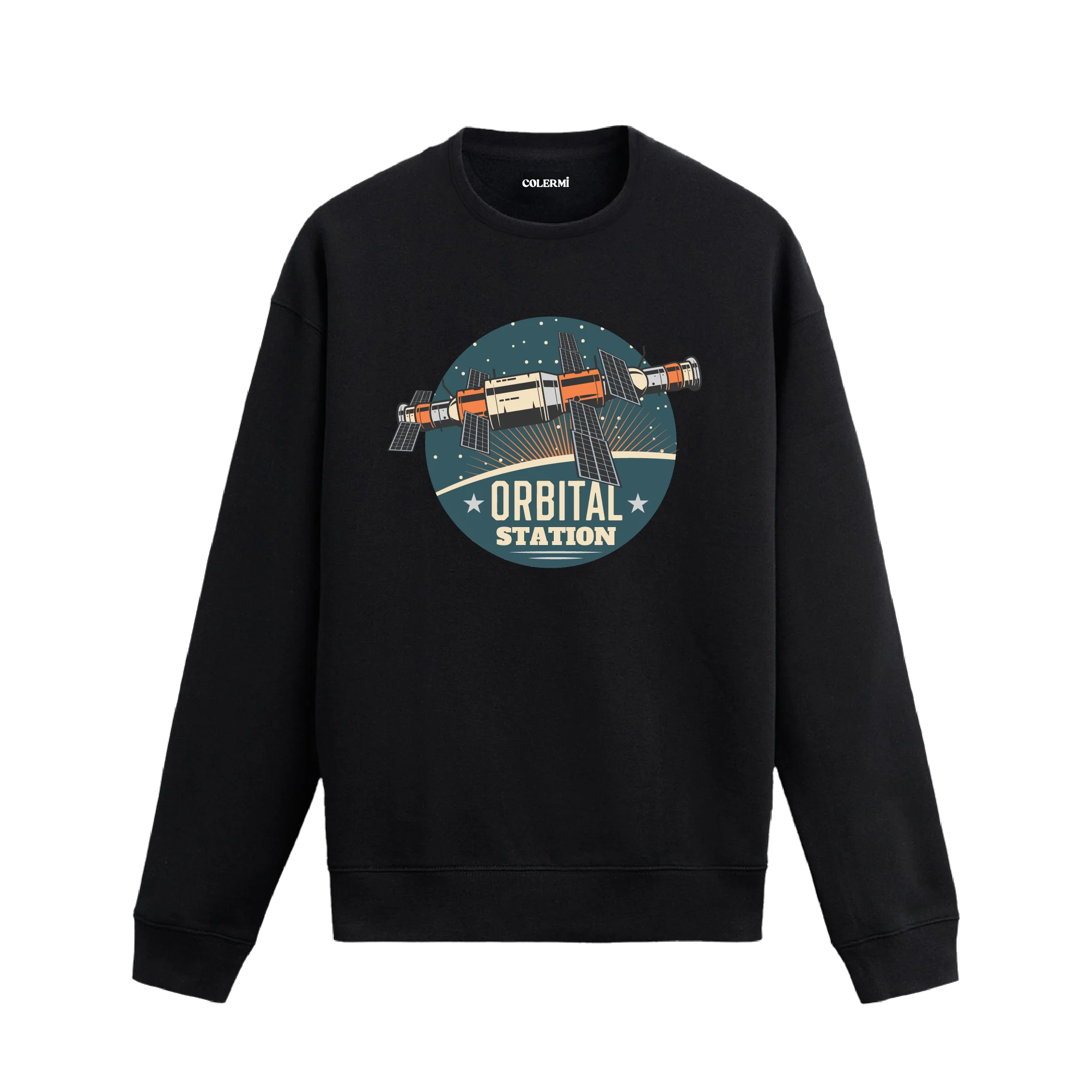 Orbital Station temalı, retro uzay istasyonu tasarımlı siyah sweatshirt.
