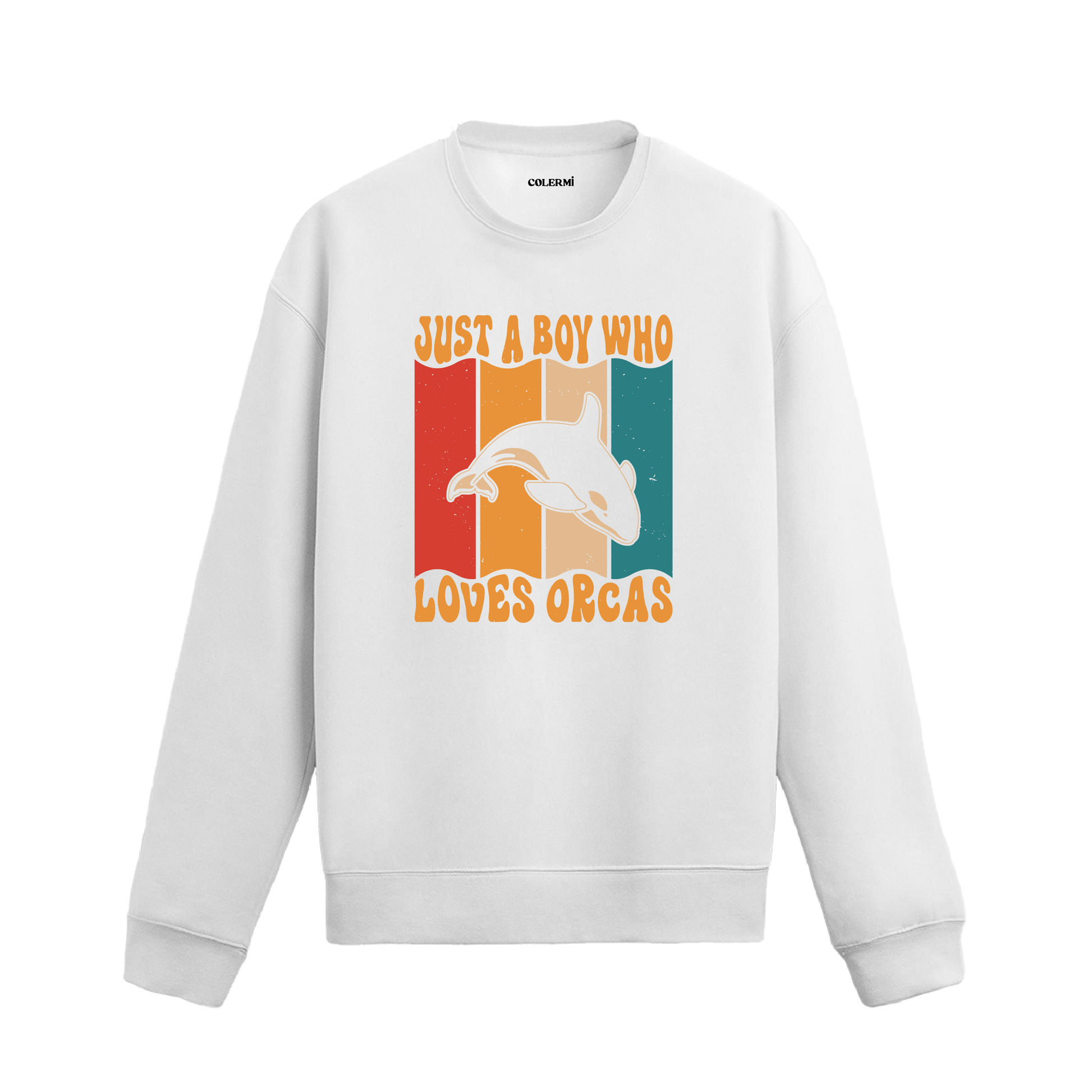 Siyah sweatshirt üzerinde retro tasarımlı orca balinası baskısı ve “Just a Boy Who Loves Orcas” yazısı