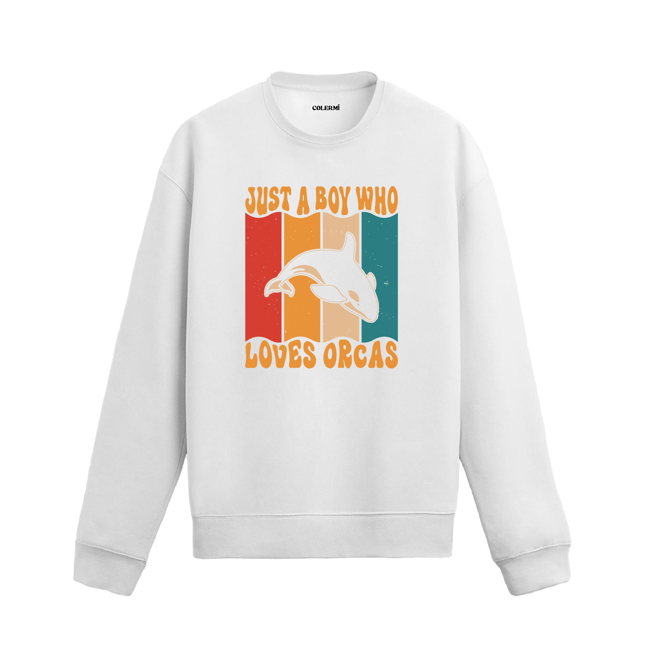 Siyah sweatshirt üzerinde retro tasarımlı orca balinası baskısı ve “Just a Boy Who Loves Orcas” yazısı