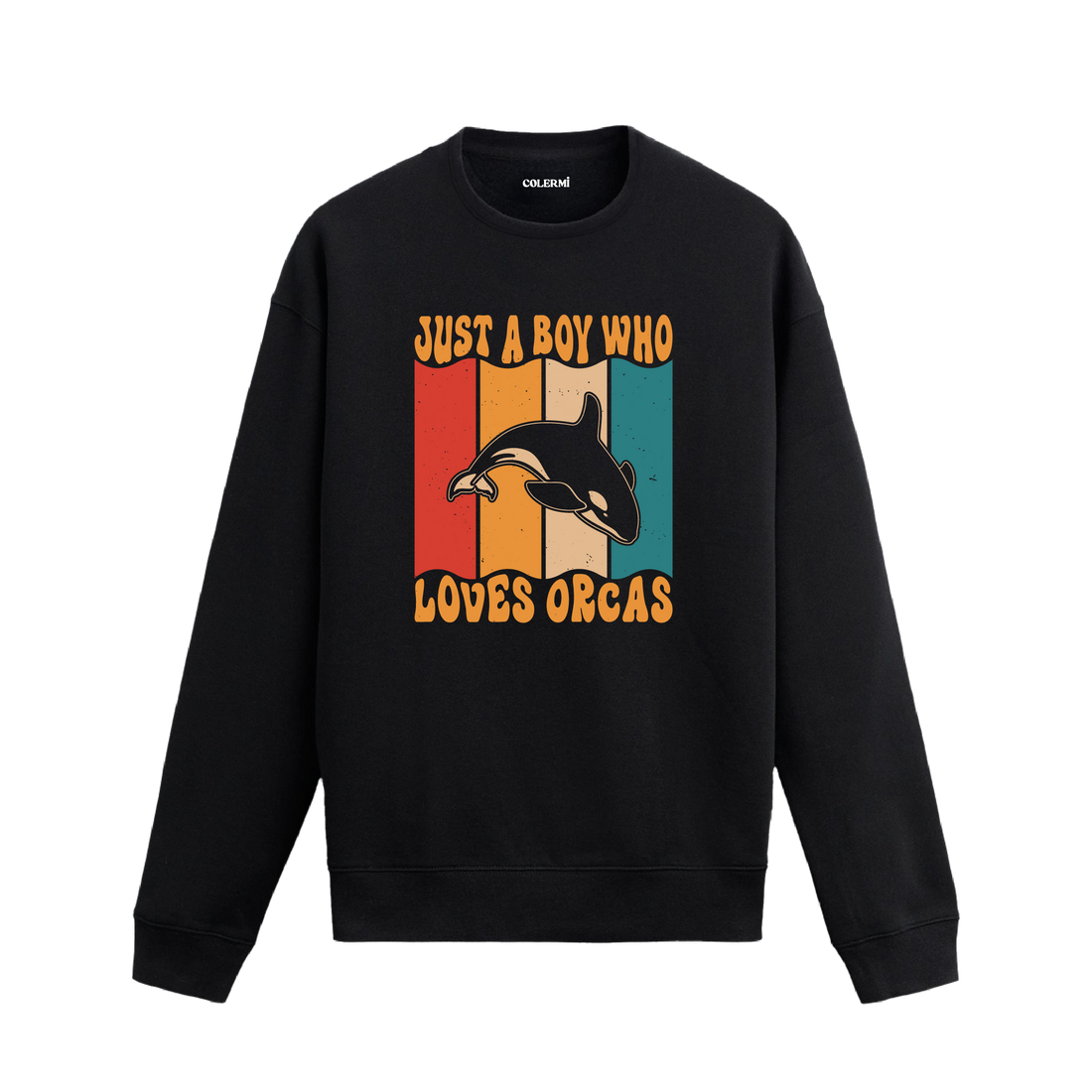 Siyah sweatshirt üzerinde retro tasarımlı orca balinası baskısı ve “Just a Boy Who Loves Orcas” yazısı
