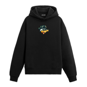Siyah hoodie üzerinde şapkalı eğlenceli ördek baskısı
