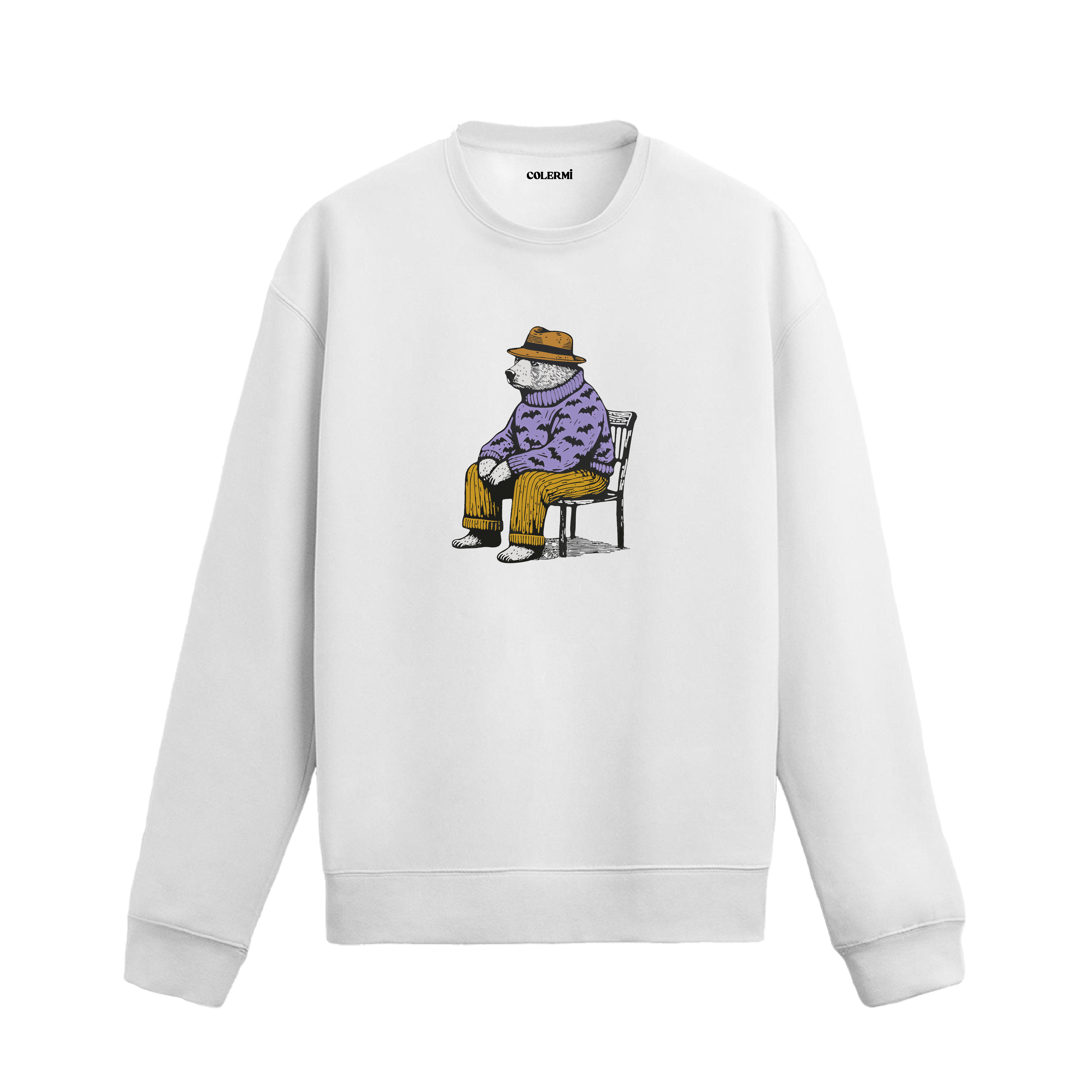 Şapkalı ve kazaklı oturmuş ayı baskılı sweatshirt tasarımı