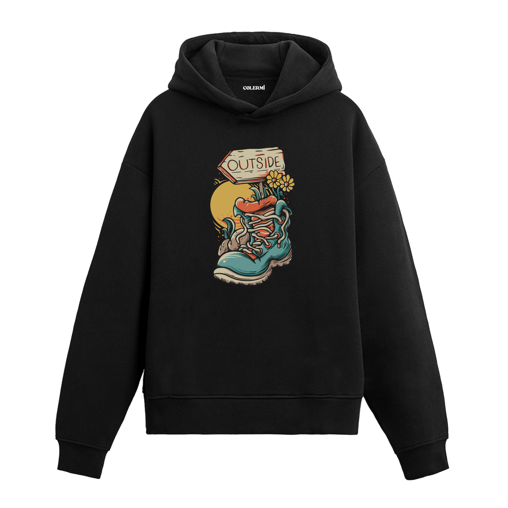 Siyah hoodie üzerinde bot ve doğa figürlü outside tasarımı