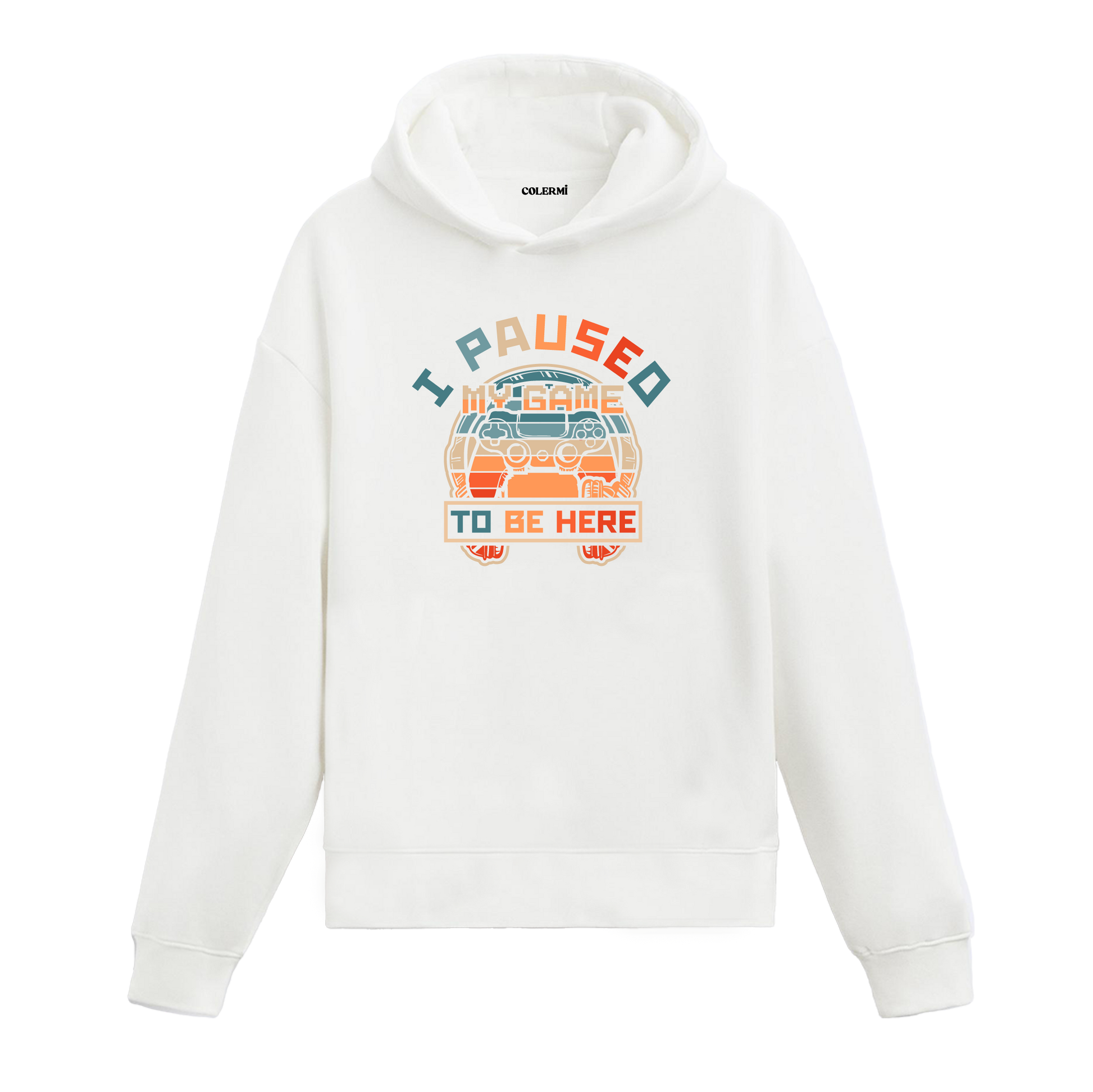 Beyaz oyun konsolu baskılı hoodie, gamer tasarım, I Paused My Game yazılı