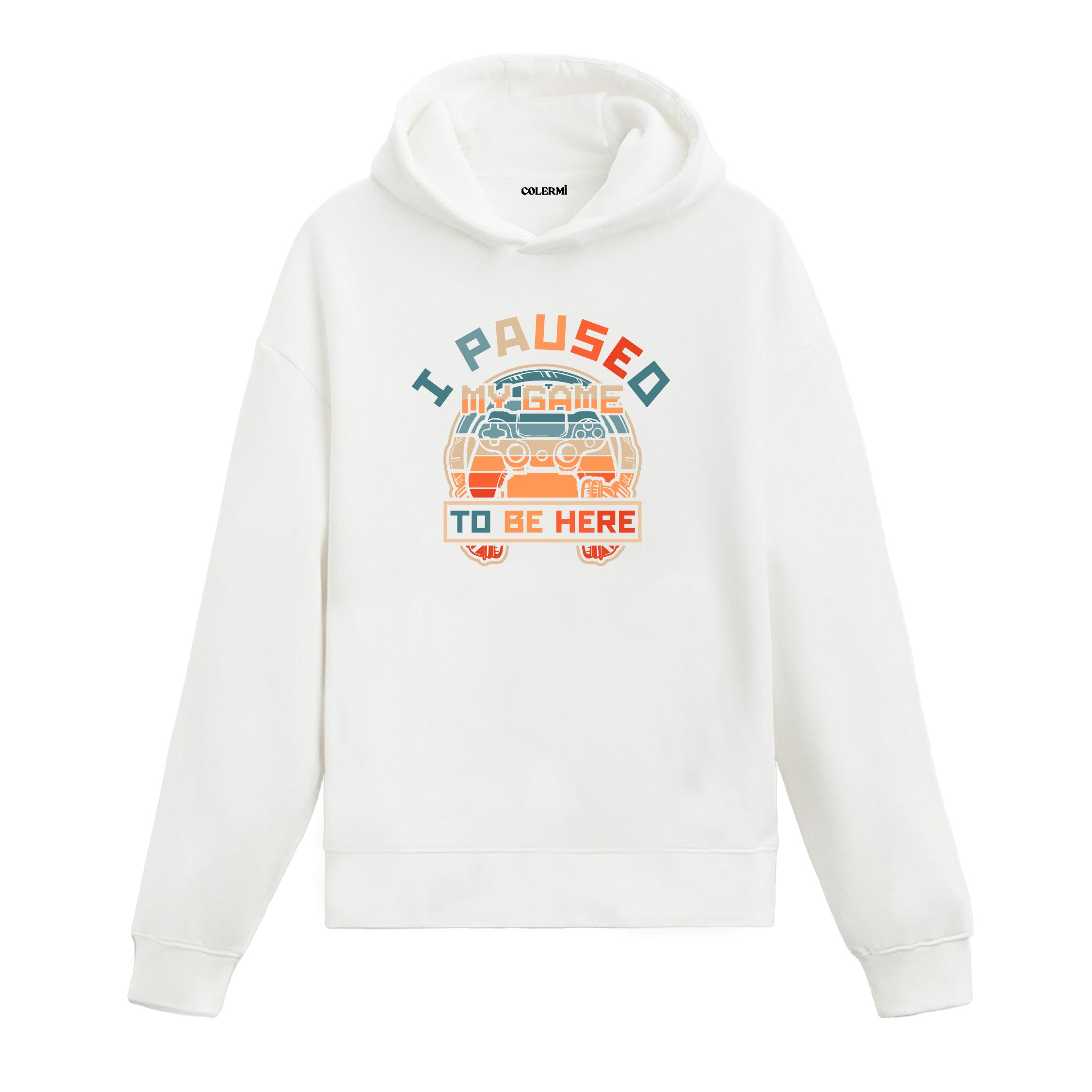 Beyaz oyun konsolu baskılı hoodie, gamer tasarım, I Paused My Game yazılı