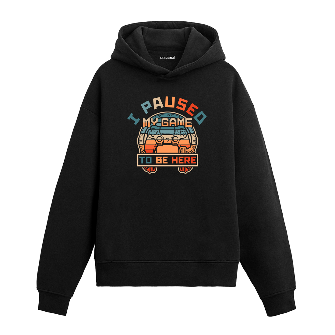 Siyah oyun konsolu baskılı hoodie, I Paused My Game yazılı, gamer hoodie