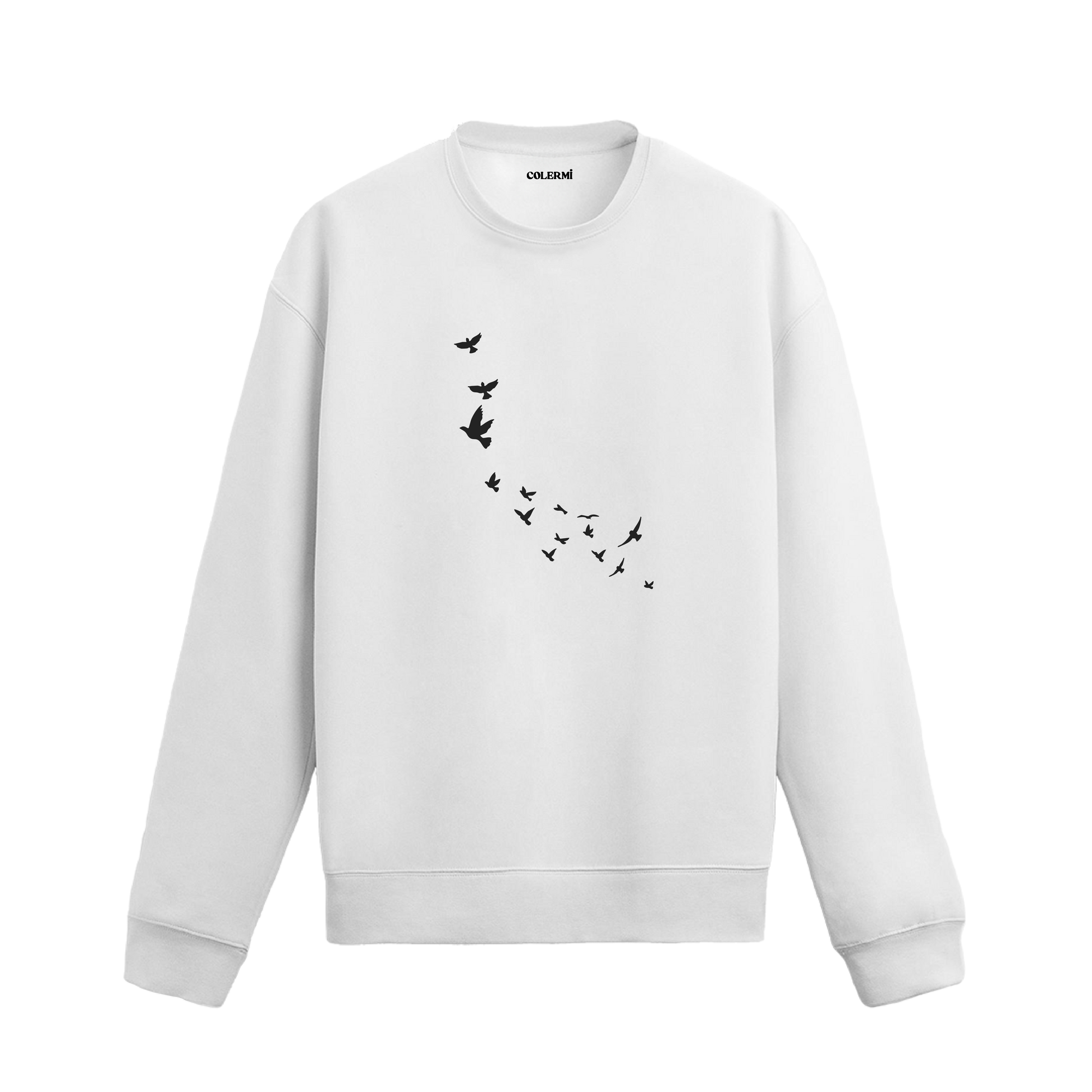 Gökyüzünde süzülen kuş sürüsü figürlü minimalist sweatshirt tasarımı.