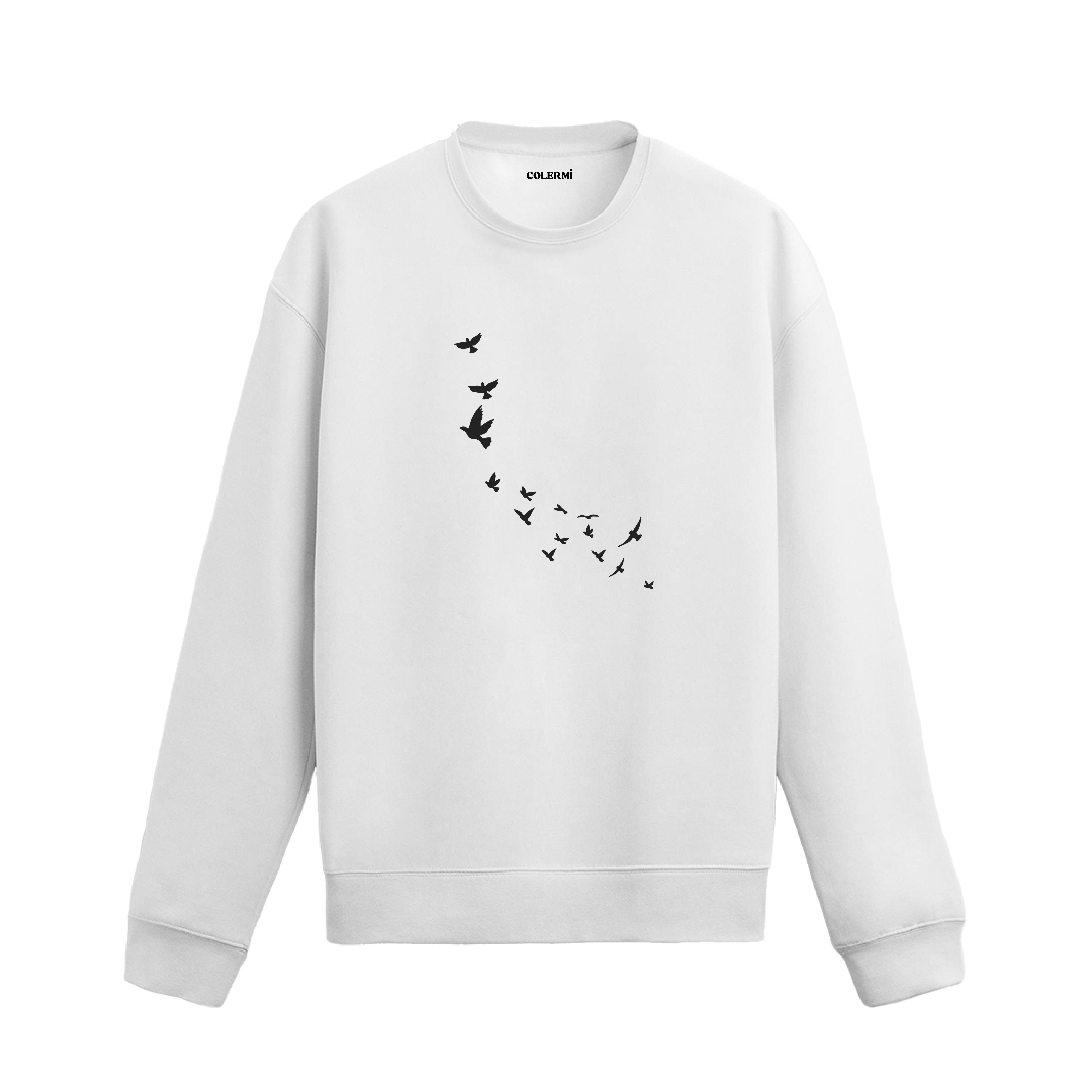 Gökyüzünde süzülen kuş sürüsü figürlü minimalist sweatshirt tasarımı.