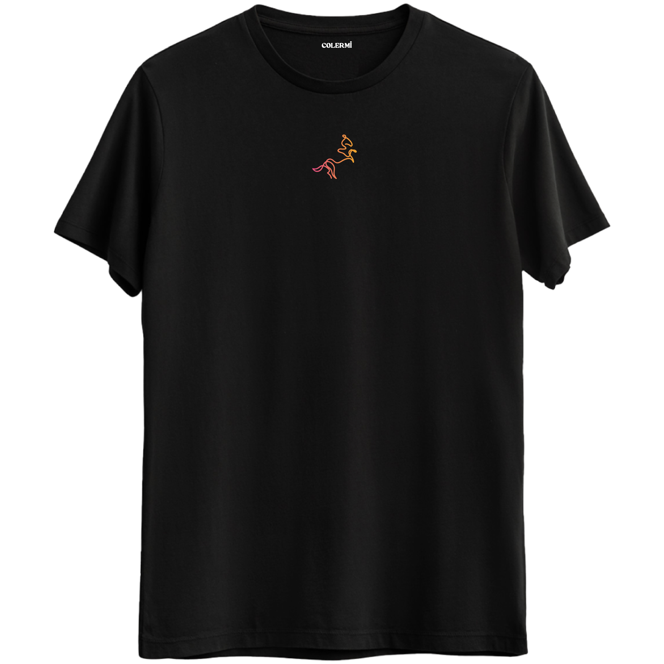Hareketin ve özgürlüğün akışını simgeleyen minimal çizgili siyah Bisiklet Yaka T-Shirt.