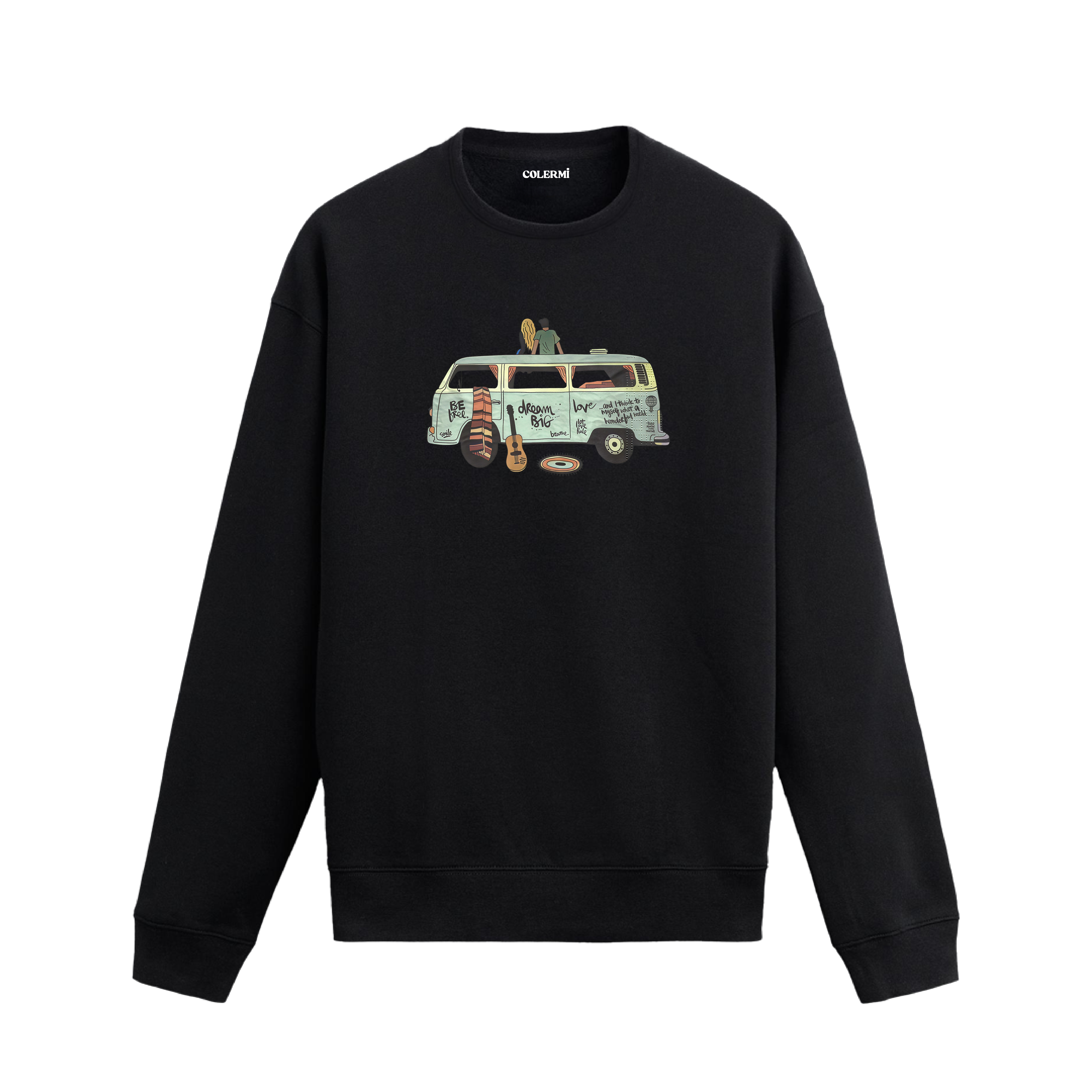 Retro minibüs, gitar ve üzerinde oturan çift figürlü özgür yaşam temalı sweatshirt tasarımı.